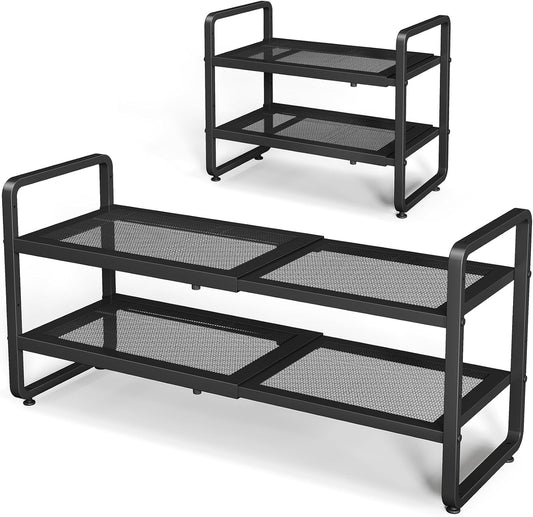 SNTD Shoe Rack - Expandable Shoe Organizer for Closet, Adjustable Metal Shoe Shelf Storage, Stackable Long Shoe Stand Holder for Garage, Entryway, Door Entrance (Black, 2-Tier)