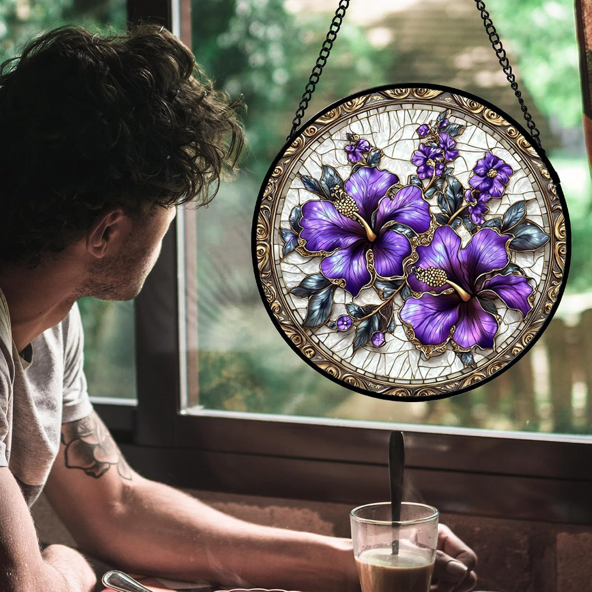 Purple Hibiscus Flowers Stained Glass Window Hanging Suncatcher Gifts 15"