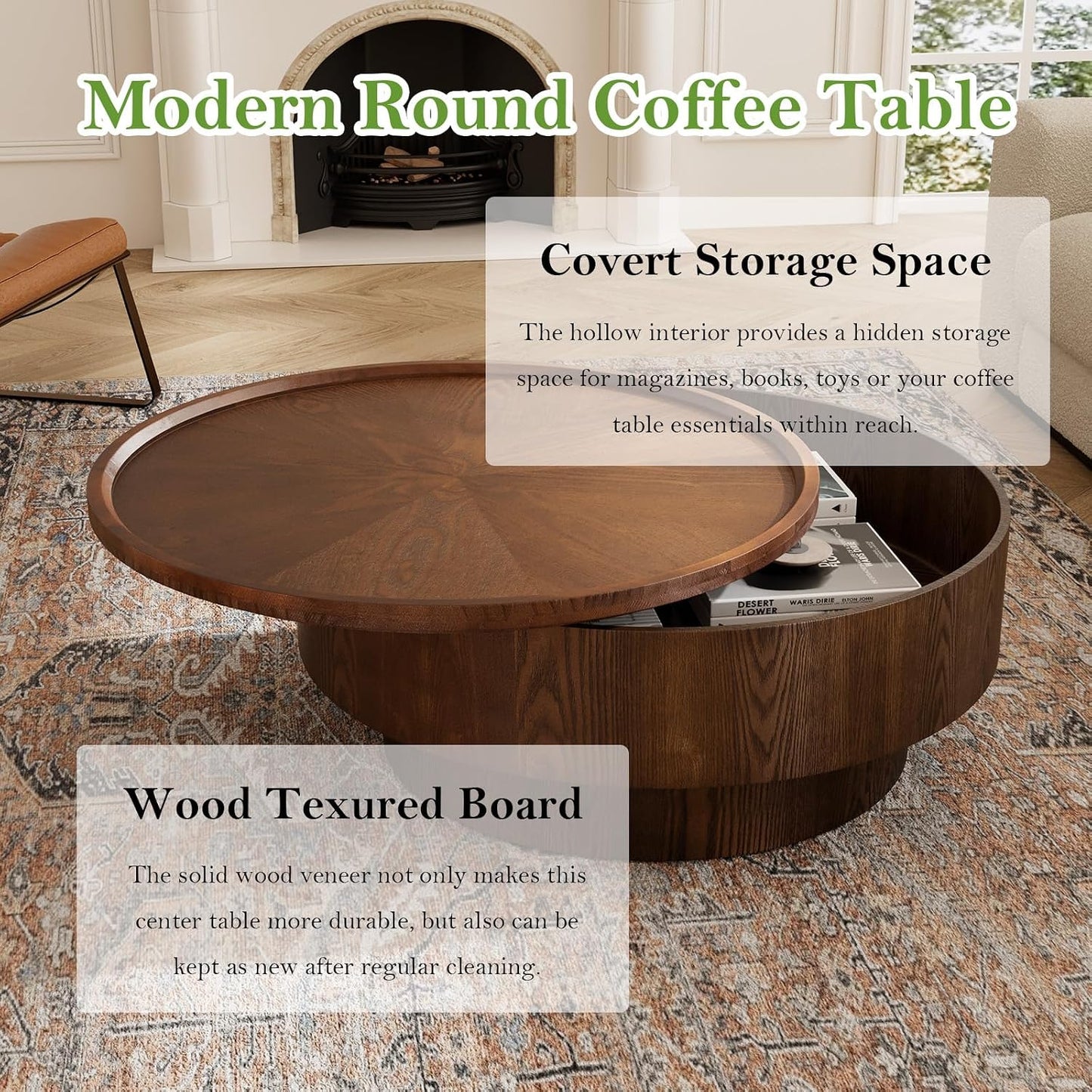 30.7" Round Coffee Table with Storage (Circle Storage Table 30.7in) | Modern Stylish Circle Storages Coffee Table with Solid Wood Veneered | for Living Room Study Balcony Farmhouse