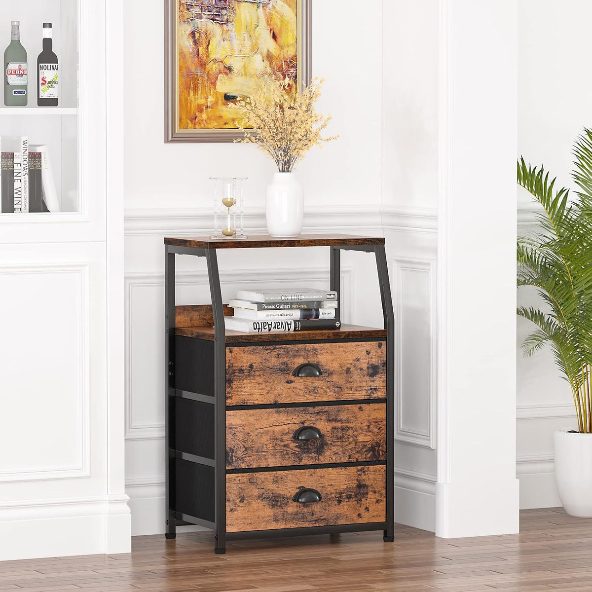 Furnulem Nightstand with 3 Fabric Drawers, Small Bedroom Storage Cabinet