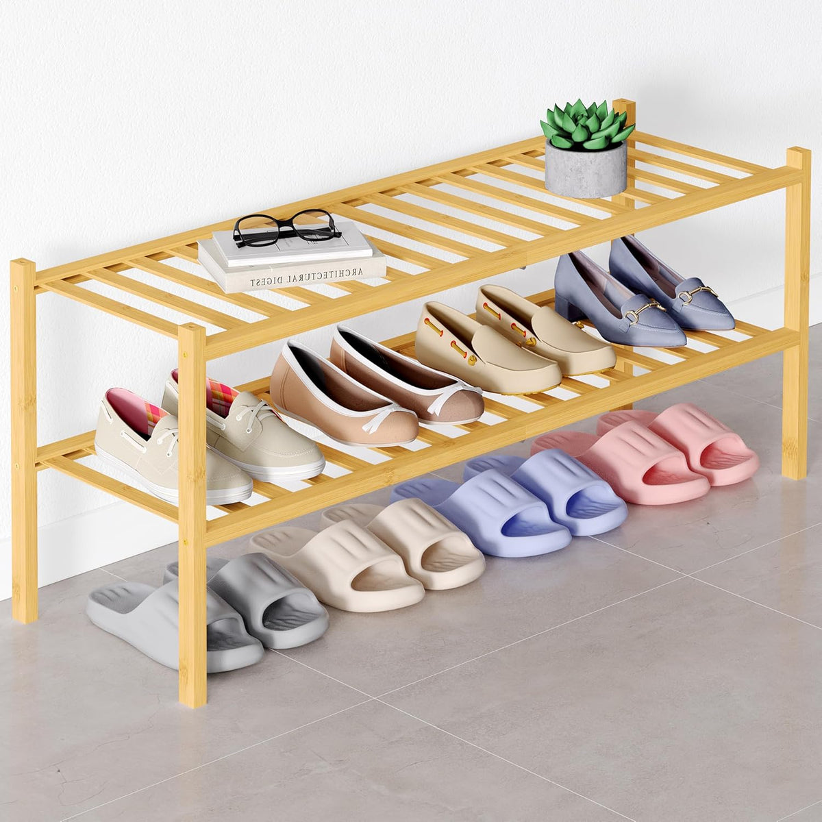 Smiry Bamboo Shoe Rack for Closet, 2 Tier - 33.86" Wide, Natural