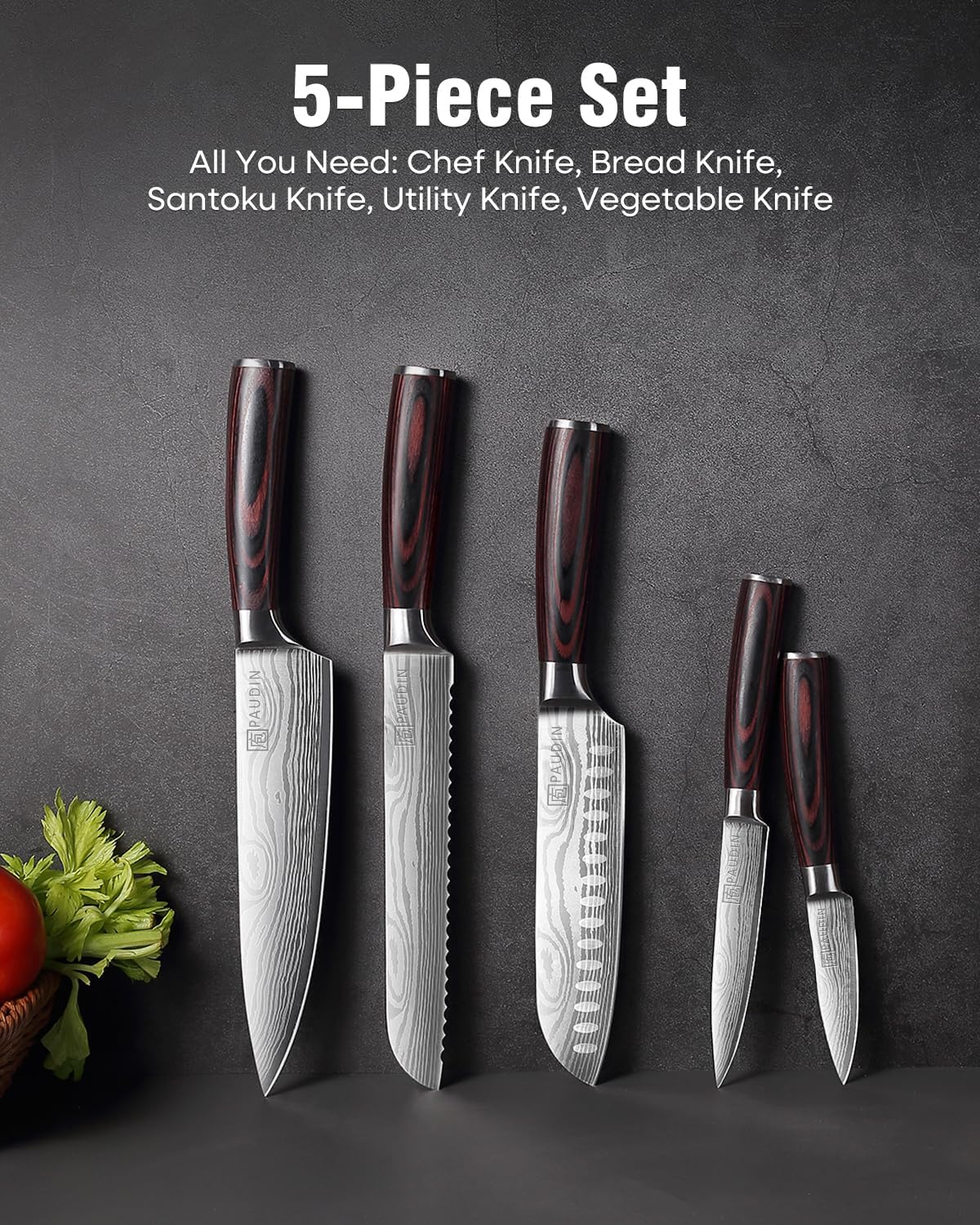 PAUDIN Knife Set, 5PCS Kitchen Knife Set without Block, Stainless Steel Chef Knife Set with Pakkawood Handle, Professional Kitchen Gift Sets for Cooking Lovers & Farther's Day
