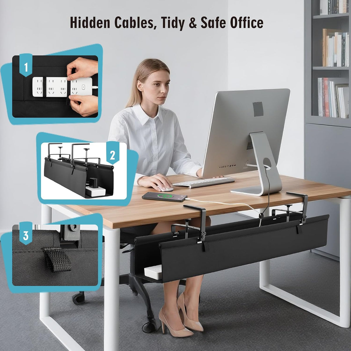 Desk Cable Management Tray, Fabric Cable Organizer, No Drill Large Clamp/Screw Mount Wire Organizer-Support Up to 30lbs, Standing Desk Cable Management for Office Home (Black,28 Inch)