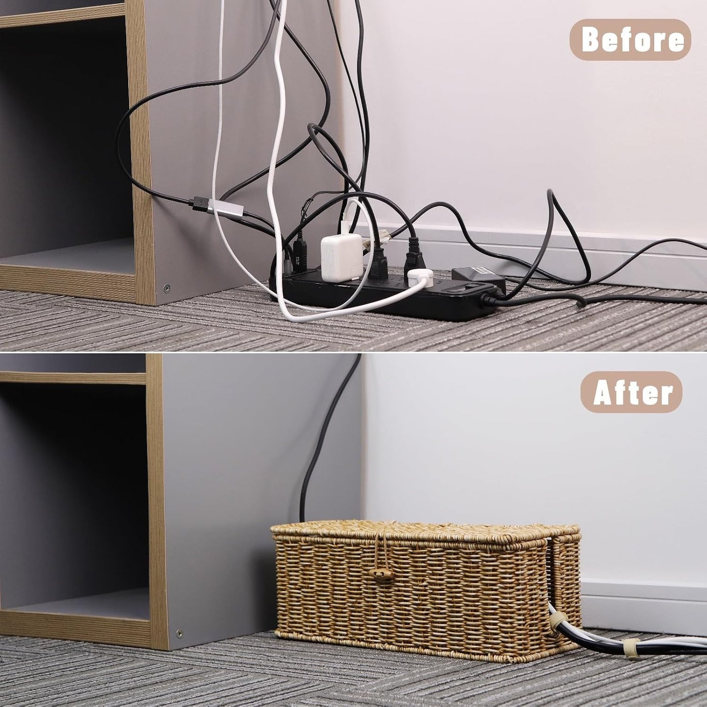 Cable Management Box, Cord Organizer with Lid & Cable Ties - Natural,L | Handmade Open Slots Cord Hider Outlet Covers for Power Strip TV PC Router Charger Under Desk Storage