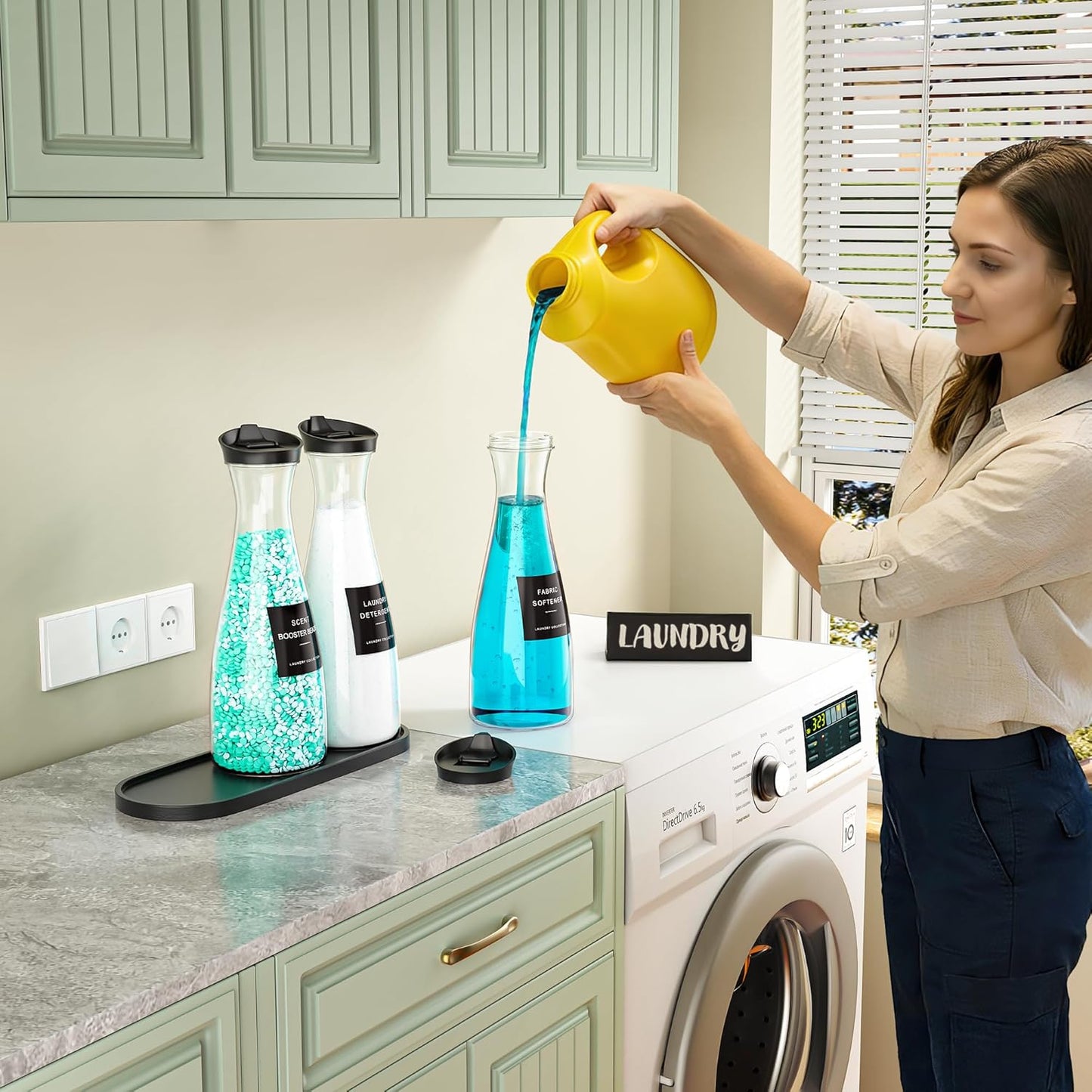 Galasily 3 Pack Laundry Detergent Dispenser Container with Tray, 54OZ Liquid Laundry Soap Dispenser with 12 Labels, Black Laundry Room Organization for Powder, and Fabric Softener
