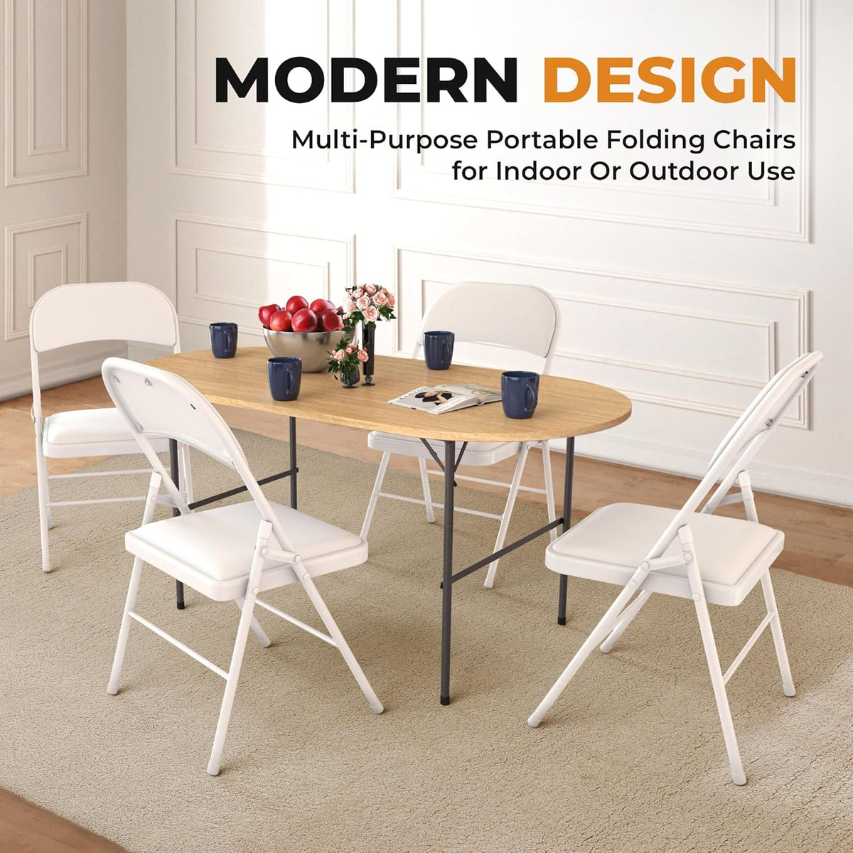 Our Modern Space 4 Pack Leather Chair | Foldable & Stackable | 350 lbs Capacity Steel Frame Seats for Indoor or Outdoor | Commercial Use Events Wedding Party Events Bulk Picnic Kitchen Dining - White