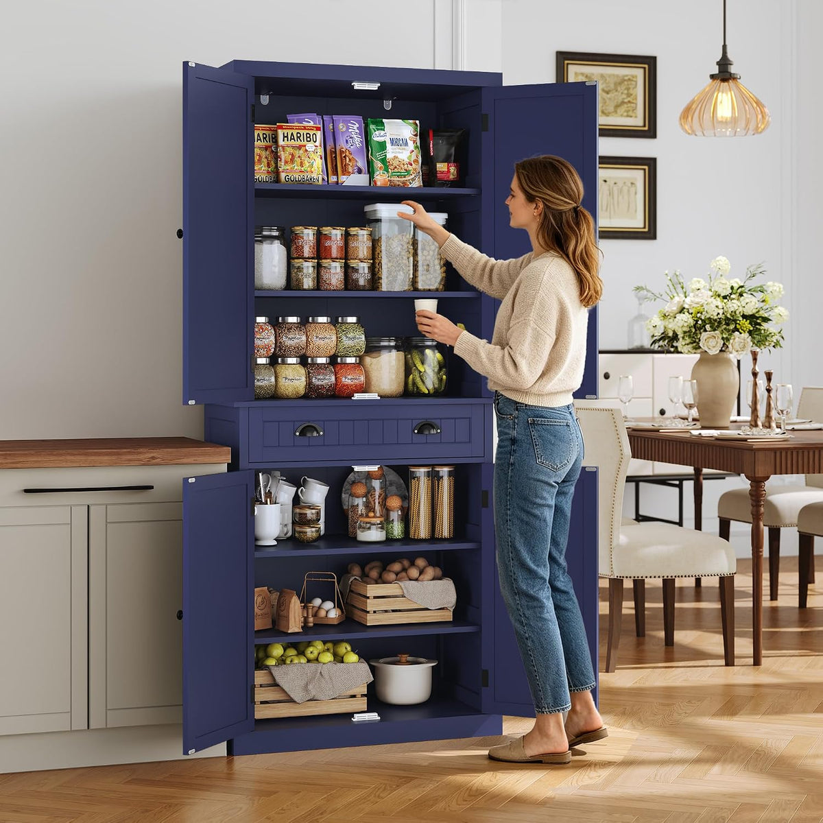 ARTPOWER 72" Tall Kitchen Pantry Storage Cabinet with Drawer and Adjustable Shelves, Pantry Cabinet for Kitchen, Bathroom or Hallway, Blue