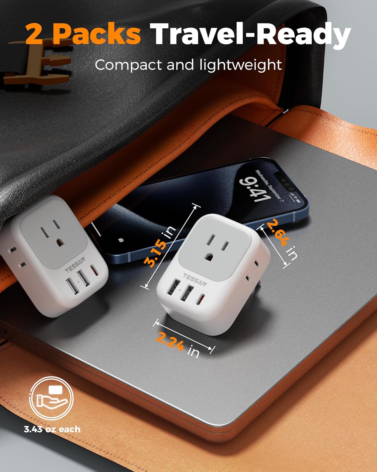 TESSAN 2 Pack European Travel Plug Adapter, Europe Power Converter 4 Outlets 3 USB(1 USB C PD 20W), Type C International Adaptor to Italy Spain France Portugal Iceland Germany, EU Travel Essentials