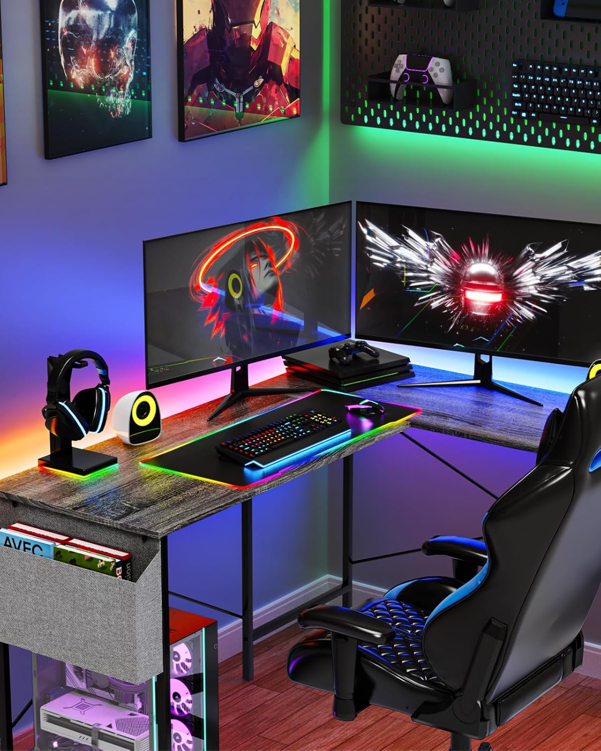 L Shaped Desk - 50" Reversible Home Office Computer Desk, Wood Top, Metal Frame, Side Bag, Sturdy Gaming Desk Corner Table for Work, Writing and Study, Space-Saving
