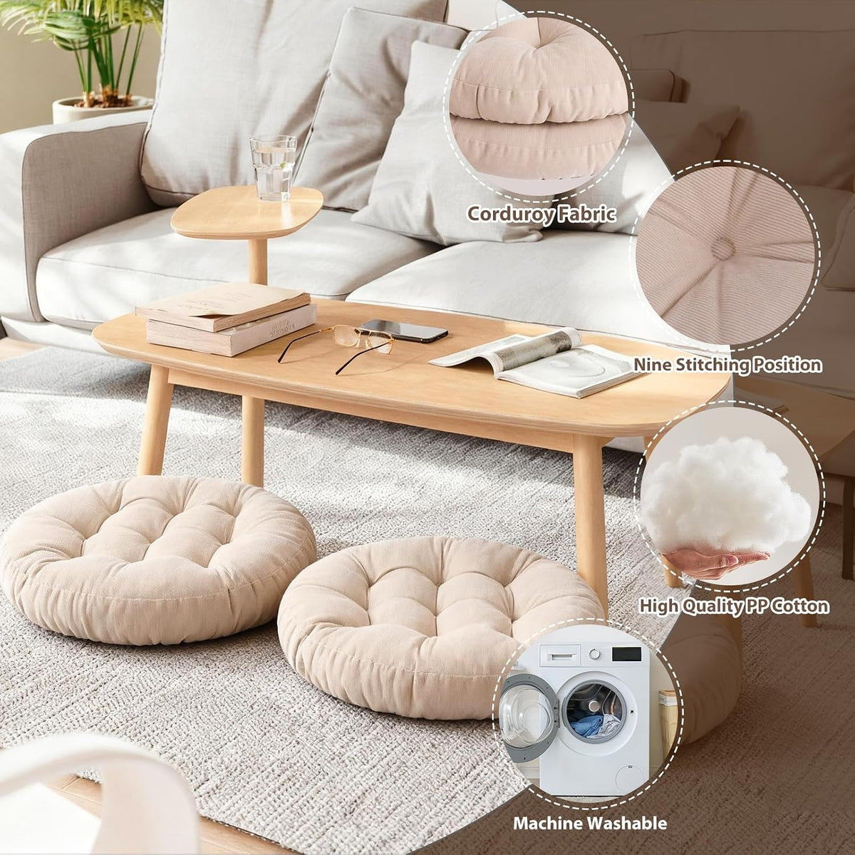 Tiita 22 Inch Floor Cushion - Round Outdoor Chair Cushion Pad with Corduroy