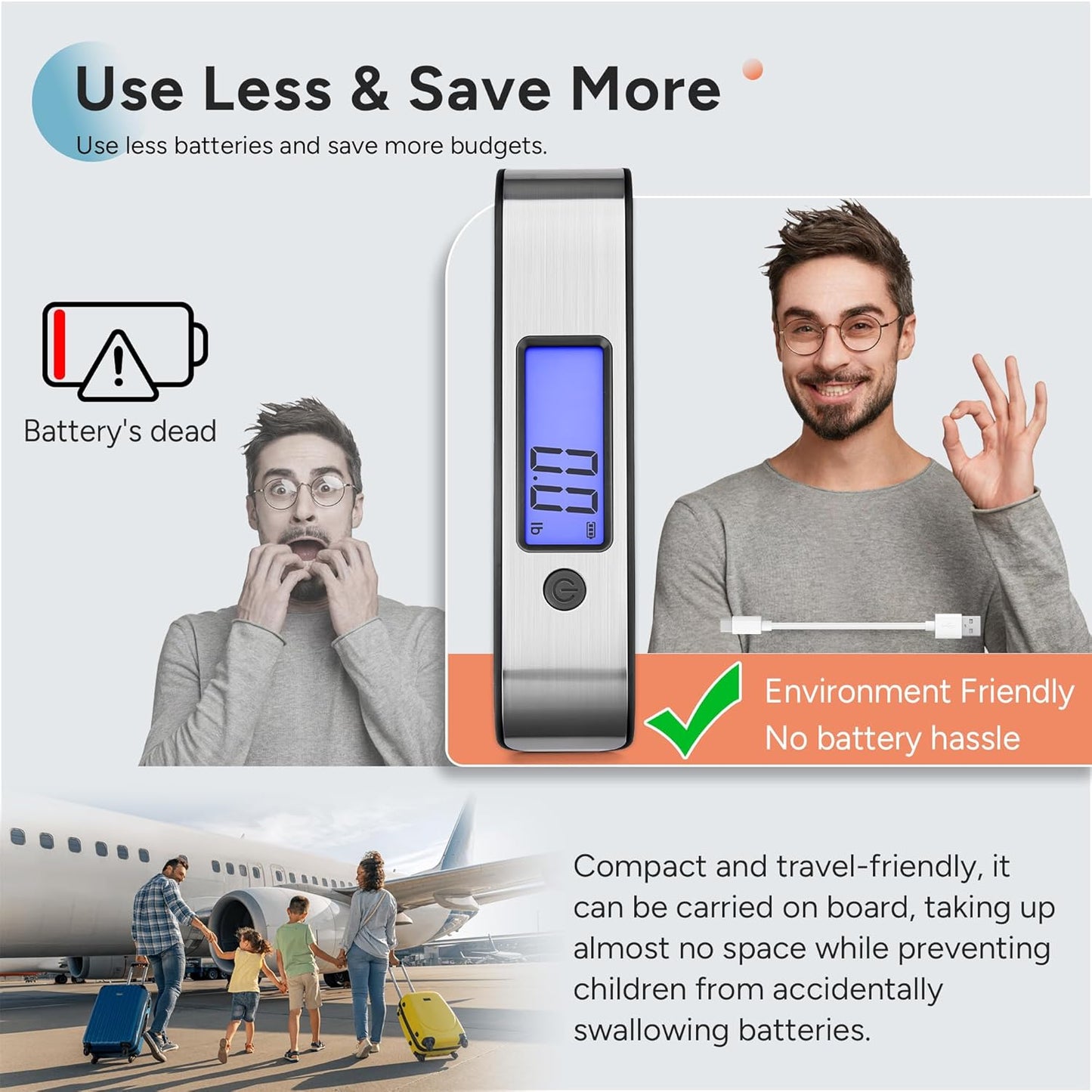 travel inspira Rechargeable Luggage Scale 110lb/50kg - Large Backlit Display - Stainless Steel - Portable Digital Hanging Scale for Suitcases, Bags, Packages (USB -C Charging Included)