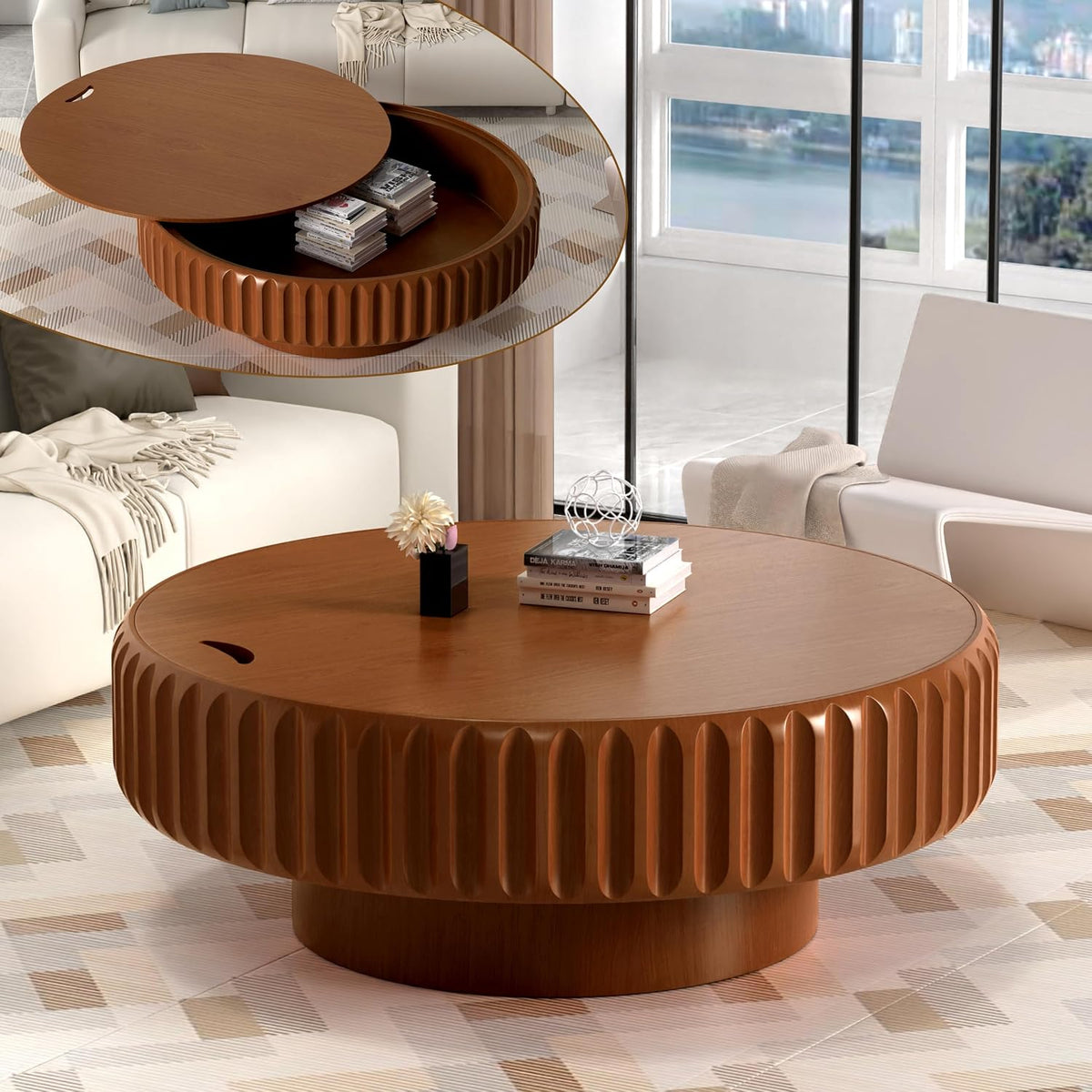 39.37" Round Drum Coffee Table with Storage (A 39.37in)