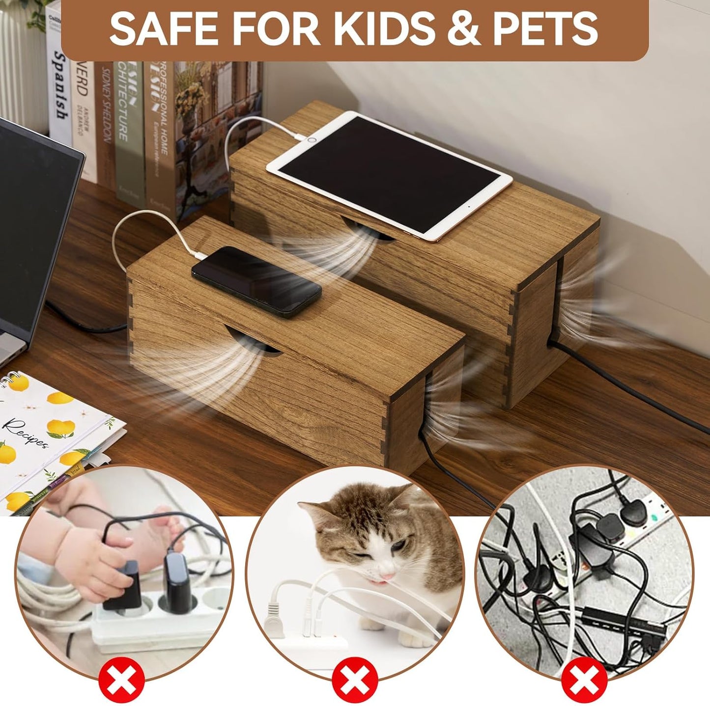 KIRIGEN Wooden Cable Management Box Set of 2, Cord Organizer, Brown | Large and Small Solid Wood Boxes with Removable Lids for Power Strips, Chargers, Routers, and Desks Home Office