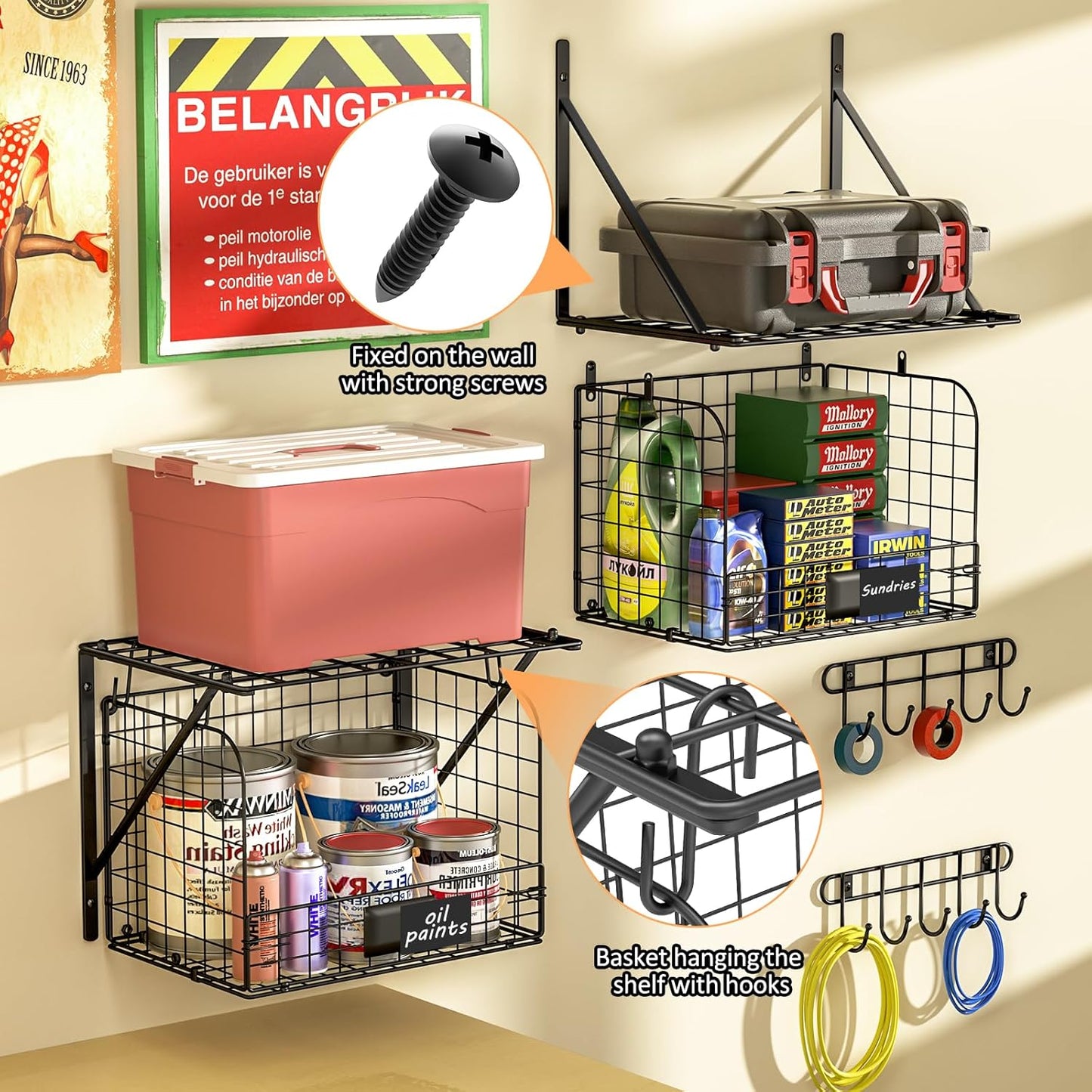 ThreeHio 2 Pack Garage Shelves Wall Mounted with Wire Baskets, Heavy Duty Garage Wall Shelving with Hooks, Wire Shelf Baskets Tool Organizer for Home Garden Garage Organization and Storage