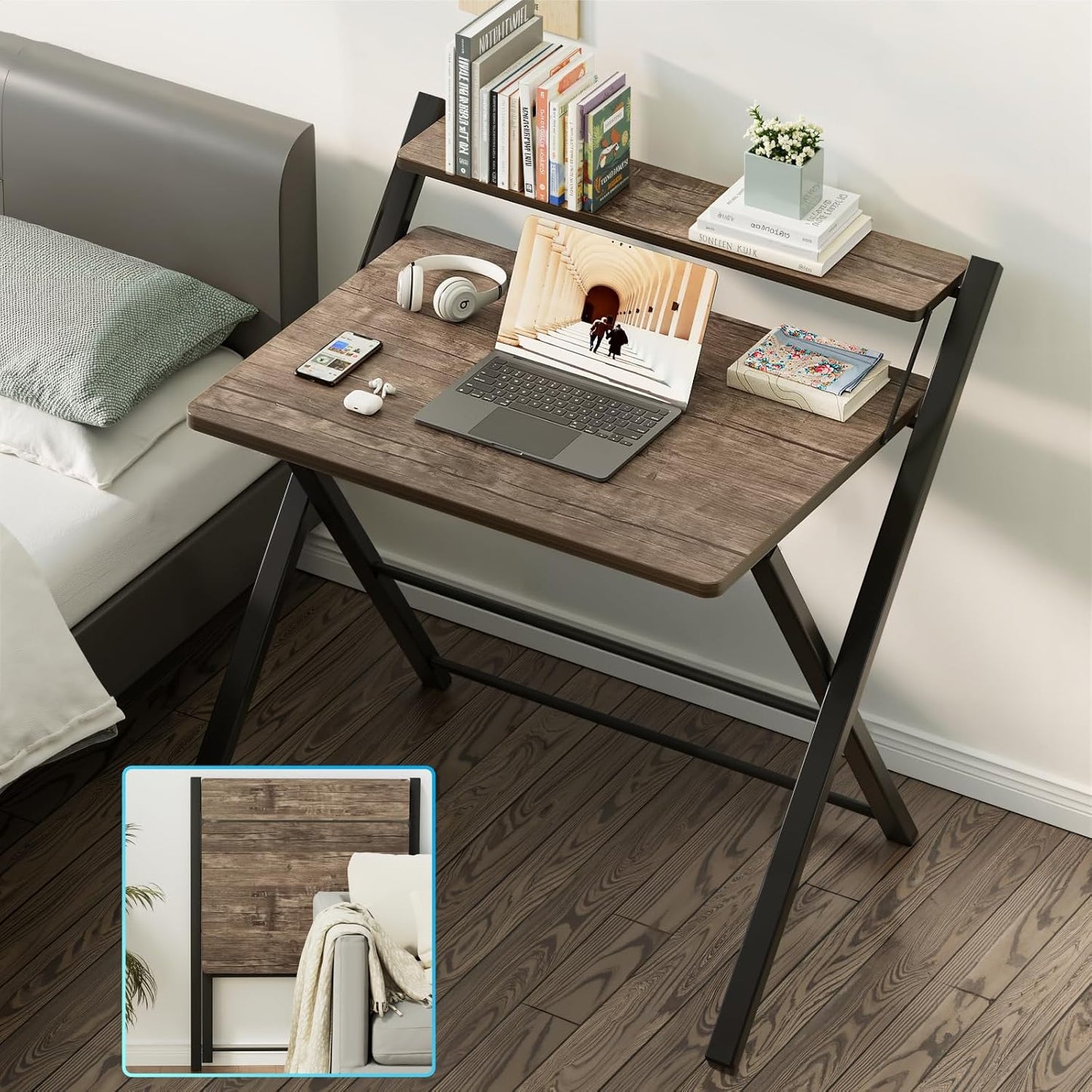 GreenForest No Assembly Folding Desk, 2-Tier Compact Computer Desk with Shelf, Space Saving Foldable Table for Home Office, Dorm or Apartment, Portable Collapsible Sturdy Laptop Desk, Brown