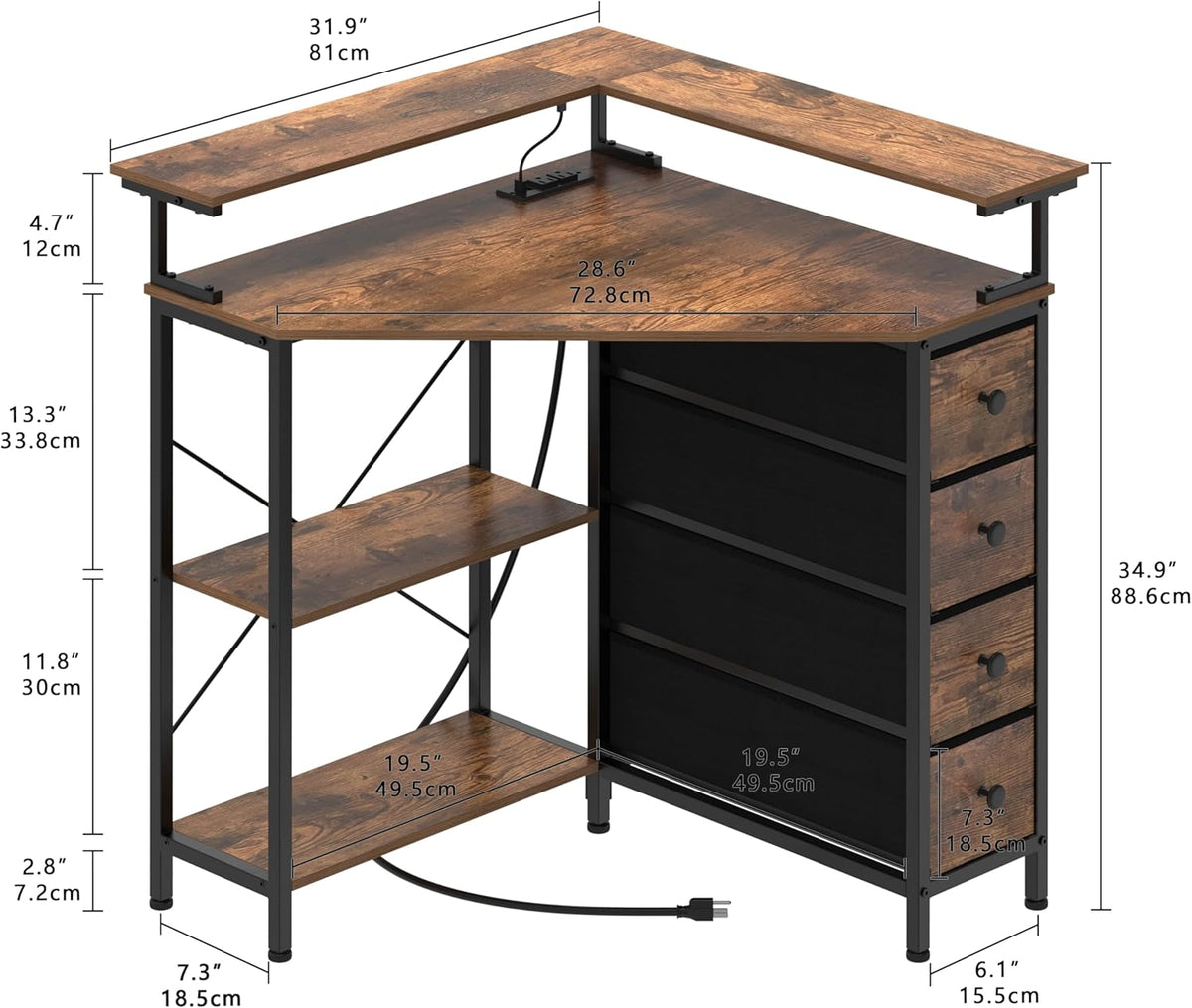 VENNQD Corner Desk with Drawers Shelves for Small Space 90 Degrees Triangle Computer Desk with Power Outlets,Gaming Desk with LED Lights Monitor Stand for Home Office Workstation Writing Table (Brown)