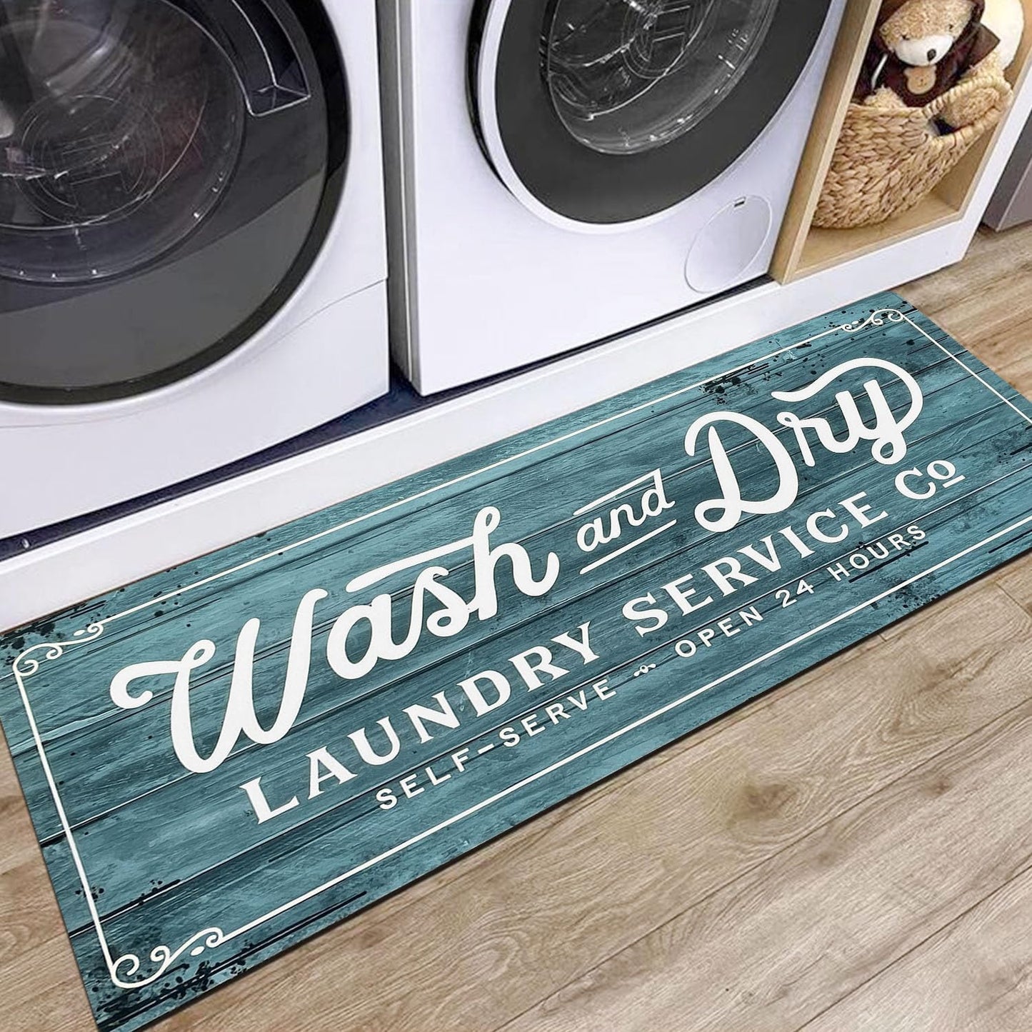 KOZYFLY Laundry Room Rug Runner 20"x48" Non Slip Kitchen Rugs Washable Laundry Room Mat Waterproof Mudroom Floor Carpet Runner Farmhouse Decor, 1.7x4ft, Cyan, Wash and Dry