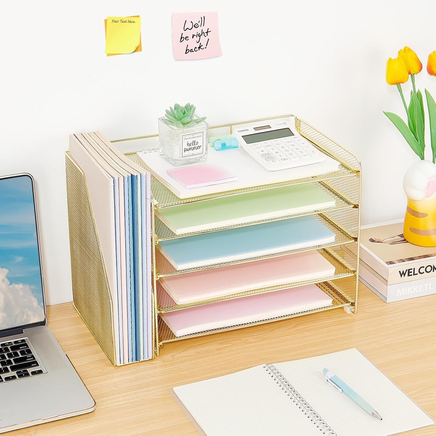 OPNICE Desk Organizer, 5-Tier Paper Organizer Letter Tray with Magazine Holder, Office Desk Accessories & Workspace Organizers, Desktop File Organizer for Office Supplies Storage, Gold