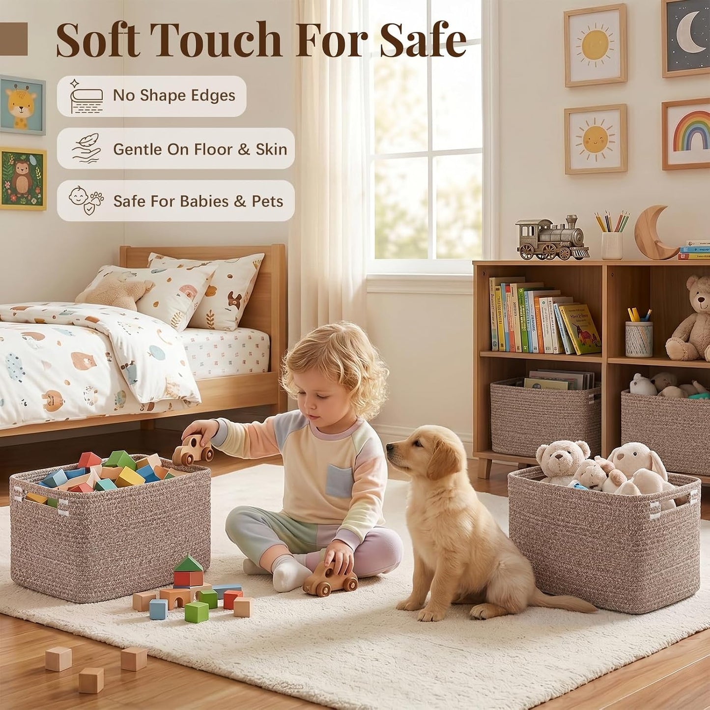 OIASKET 4Packs Natural Cotton Rope Storage Baskets for Organizing Toys, Clothes, Towels & Books, Soft Versatile Organizers for Shelves, Home Decorative Bins, 13''Lx9''Wx7.8''H, Linen Brown
