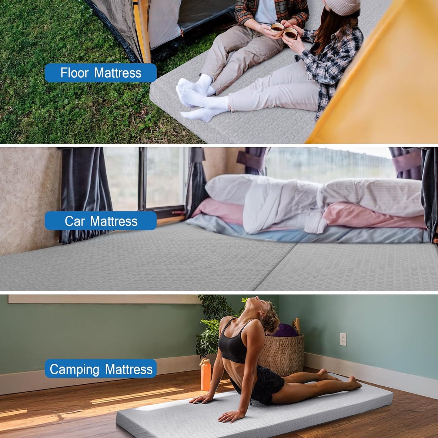 Memory Foam Camping Mattress Pad 3 Inch Thick, Portable Sleeping Pad with Waterproof Cover, Portable Roll Up Cot Mattress Pad Floor Mat for Travel Truck Bed Tent