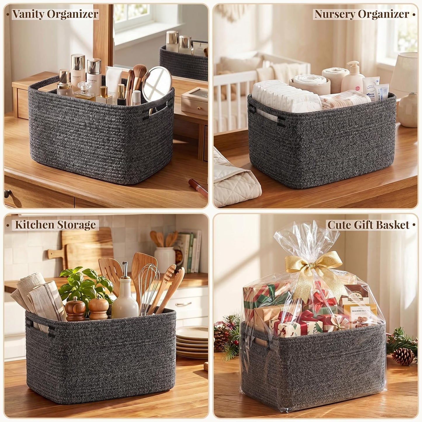 OIASKET 4Packs Natural Cotton Rope Storage Baskets for Organizing Toys, Clothes, Towels & Books, Soft Versatile Organizers for Shelves, Home Decorative Bins, 13''Lx9''Wx7.8''H, Black and White