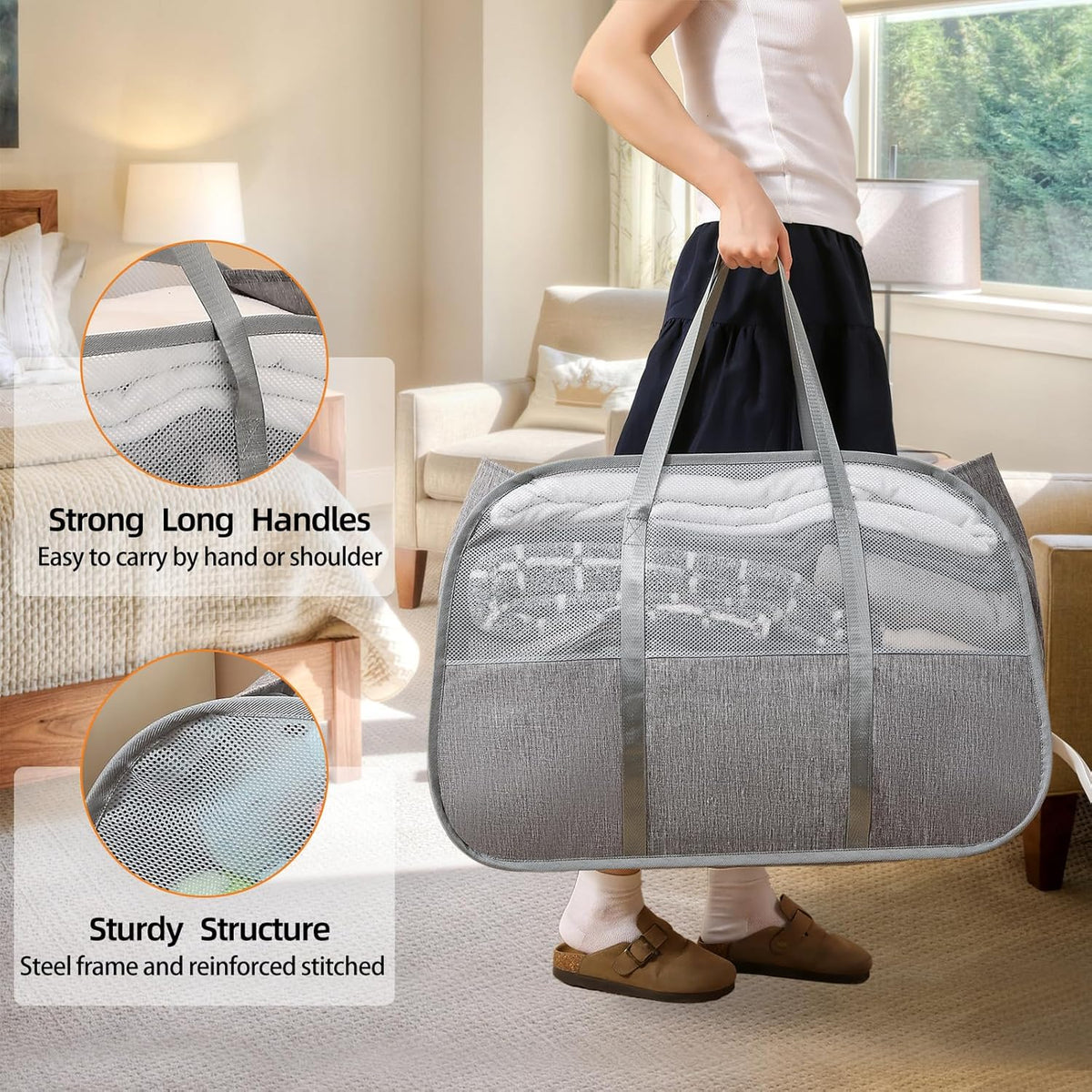 Collapsible Laundry Baskets with Easy Carry Handles, 95L Clothes Hamper for Storage, Foldable Laundry Basket Tear-proof, Large Pop Up Hampers for Laundry, Bedroom, Bathroom, Dorm Grey