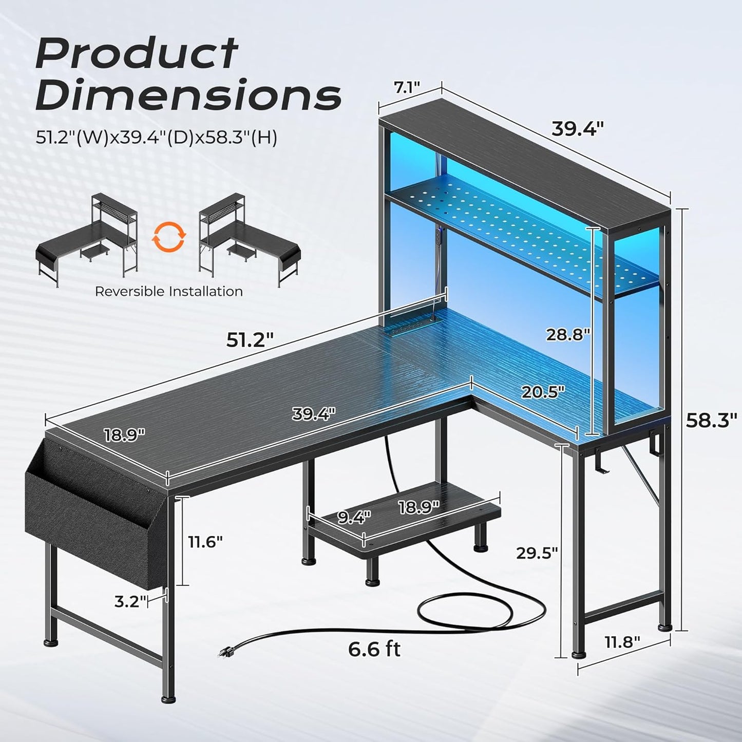 PRAISUN 51.2" L Shaped Gaming Desk with Power Outlets & USB-C Port, LED Lights, Computer Desk with Pegboard, Corner Desk with Storage Shelves & Bag, Office Desk with CPU Stand for Home Office, Black