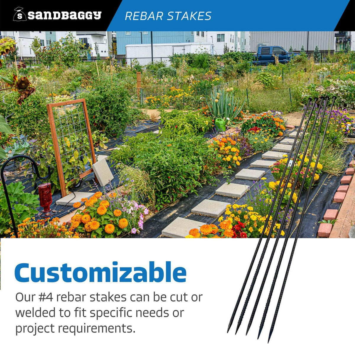 Sandbaggy 72" Steel Rebar Stakes with Nail Head - Garden Stakes (#4 Rebar - 1/2" Diameter) - l-Shape - Ground Stake, Pins, Landscaping Spikes, Construction (72-inch, 5, Count)