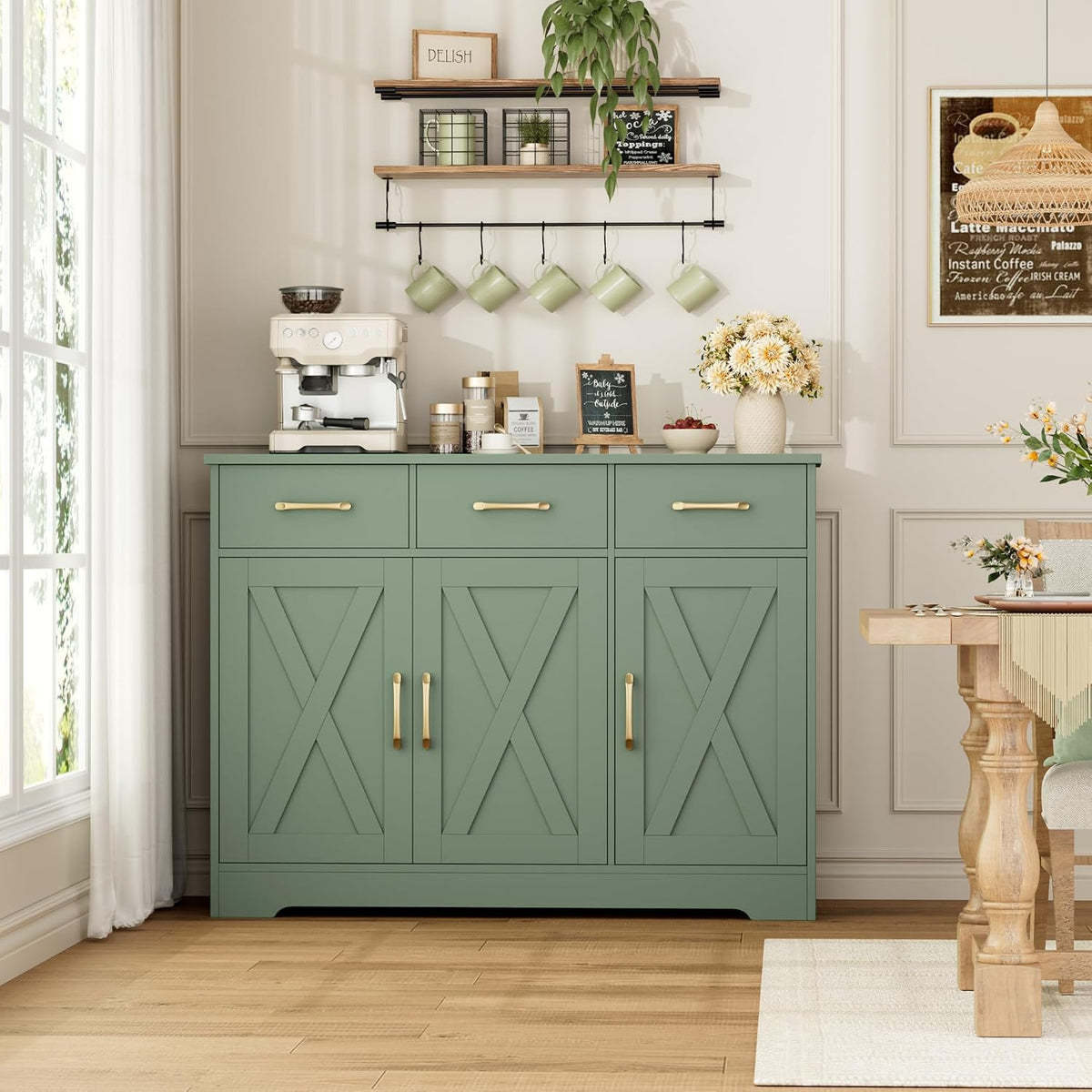 HOSTACK Kitchen Buffet Cabinet with Storage, Sideboard Coffee Bar, Green | Farmhouse Kitchen Storage Cabinet with 3 Drawers & Adjustable Shelf, 42.5"W Buffet Table for Dining Living Room
