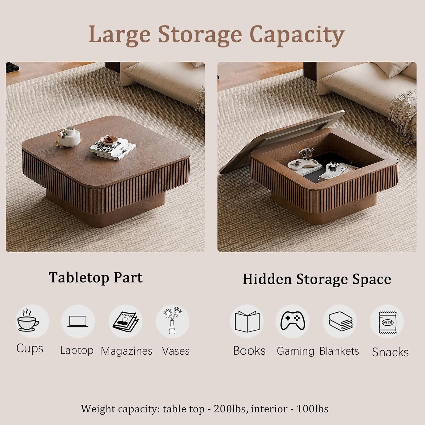 31.5" Square Coffee Table with Hidden Storage Compartment, Modern Handcraft Fluted Drum Coffee Table, Wooden Square Center Table Cocktail Tea Table with Sturdy Pedestal for Living Room,Walnut
