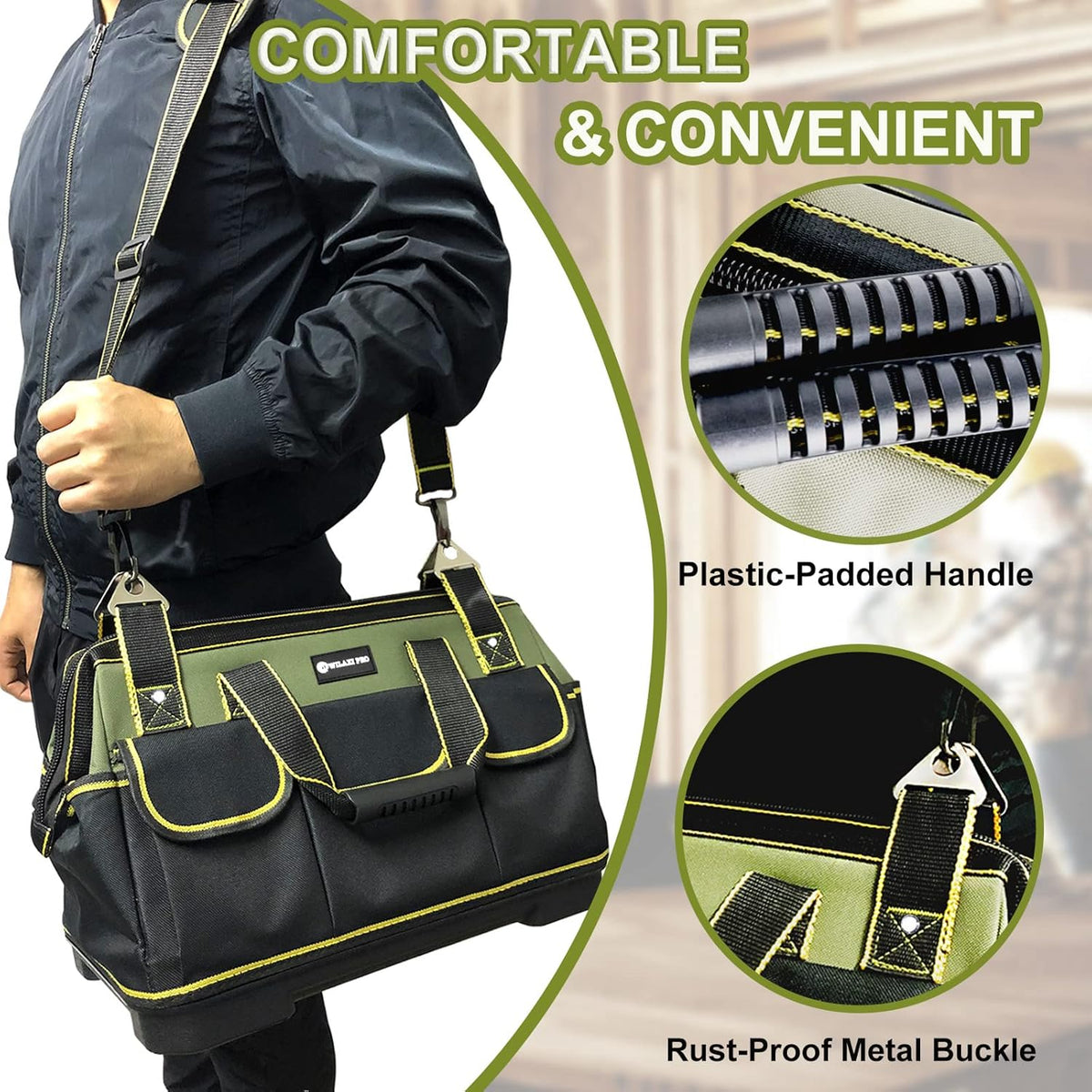 20inch Tool Bag for Men Women Heavy Duty with Waterproof Molded Base Large Tool Bag, Wide Mouth Tool Tote, Artisan Carpenter Electricians Tool Bags,Adjustable Shoulder Strap Organizer