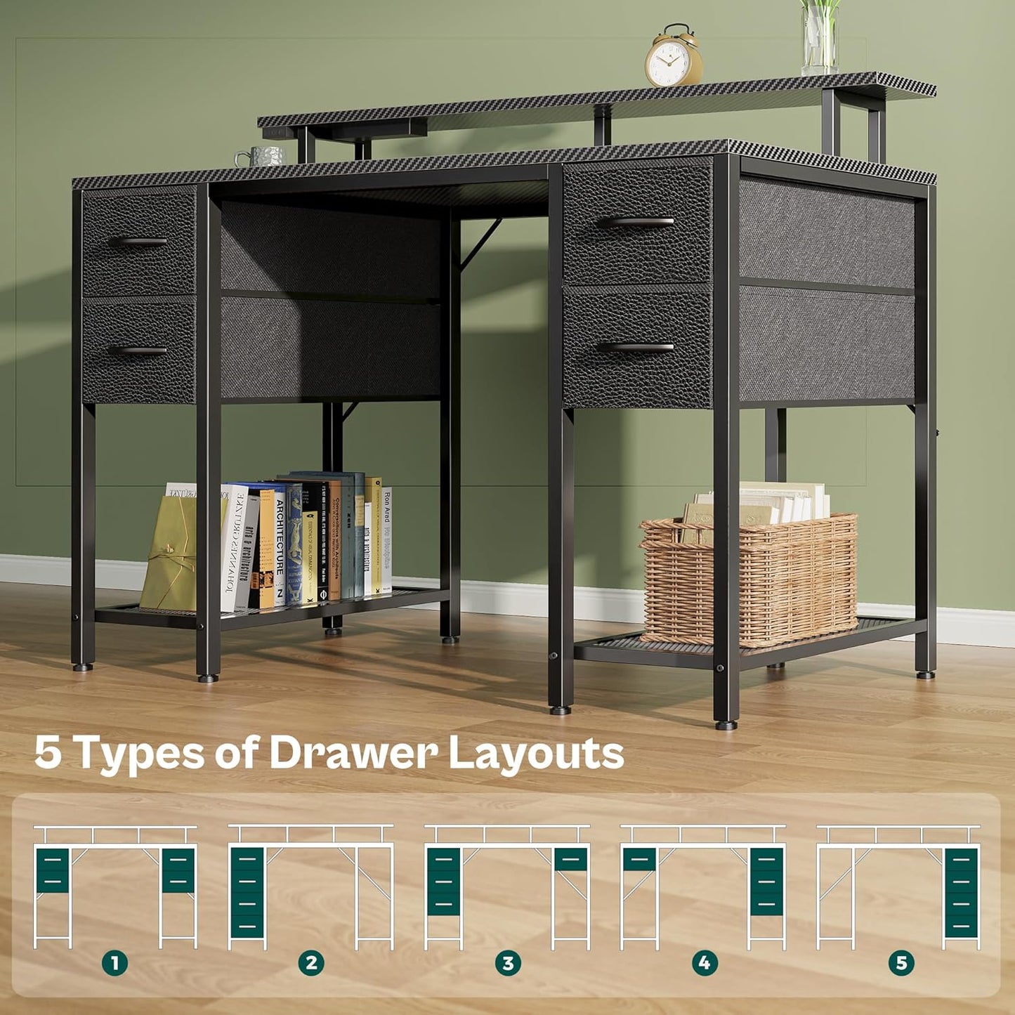 Huuger 47 inch Computer Desk with 4 Drawers, Gaming Desk with LED Lights & Power Outlets, Home Office Desk with Large Storage Space for Bedroom, Work from Home, Carbon Fibre Black