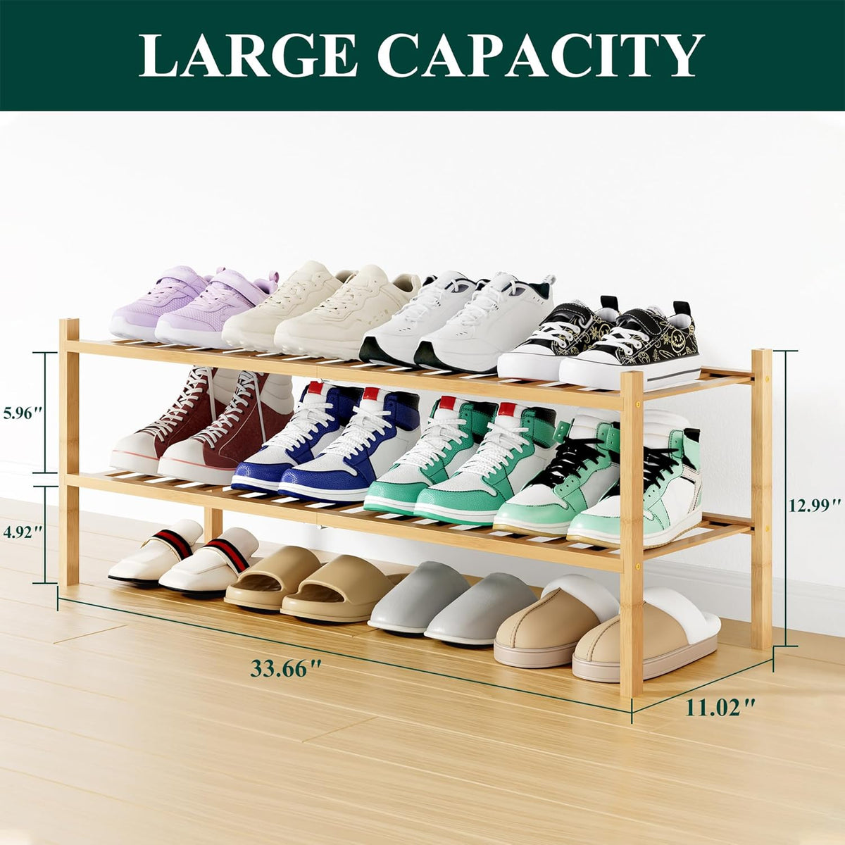 Smiry Bamboo Shoe Rack, 16 Vertical Slats, 2 Tier - 33.7" Wide, Natural