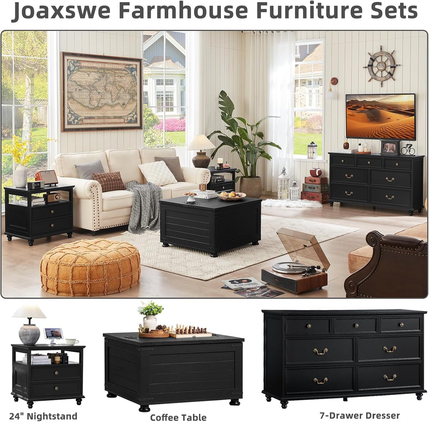 Joaxswe 24" Wide Farmhouse Night Stand,Large End Table with 2 Drawers & Metal Handle,Wood Dresser for Bedroom, Black Bed Side Table Chest of Drawers Cabinet,Nightstand for Living Room,Closet