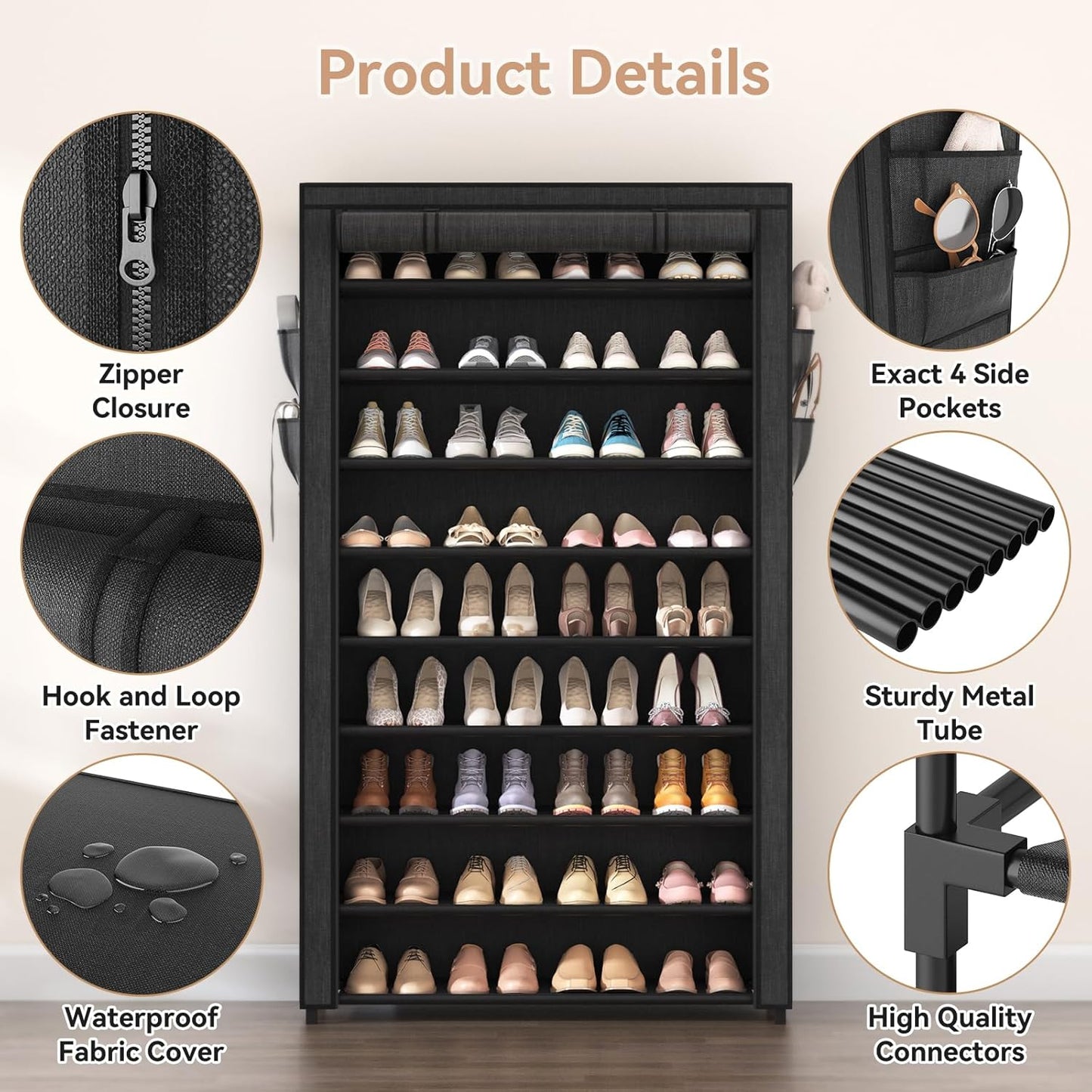 LANTEFUL Shoe Rack with Covers - 10 Tiers Tall Shoe Rack Organizer Large Capacity Shoe Shelf Storage 40 Pairs Space Saving Vertical Shoe Storage Organizer for Closet, Entryway, Dorm, Bedroom