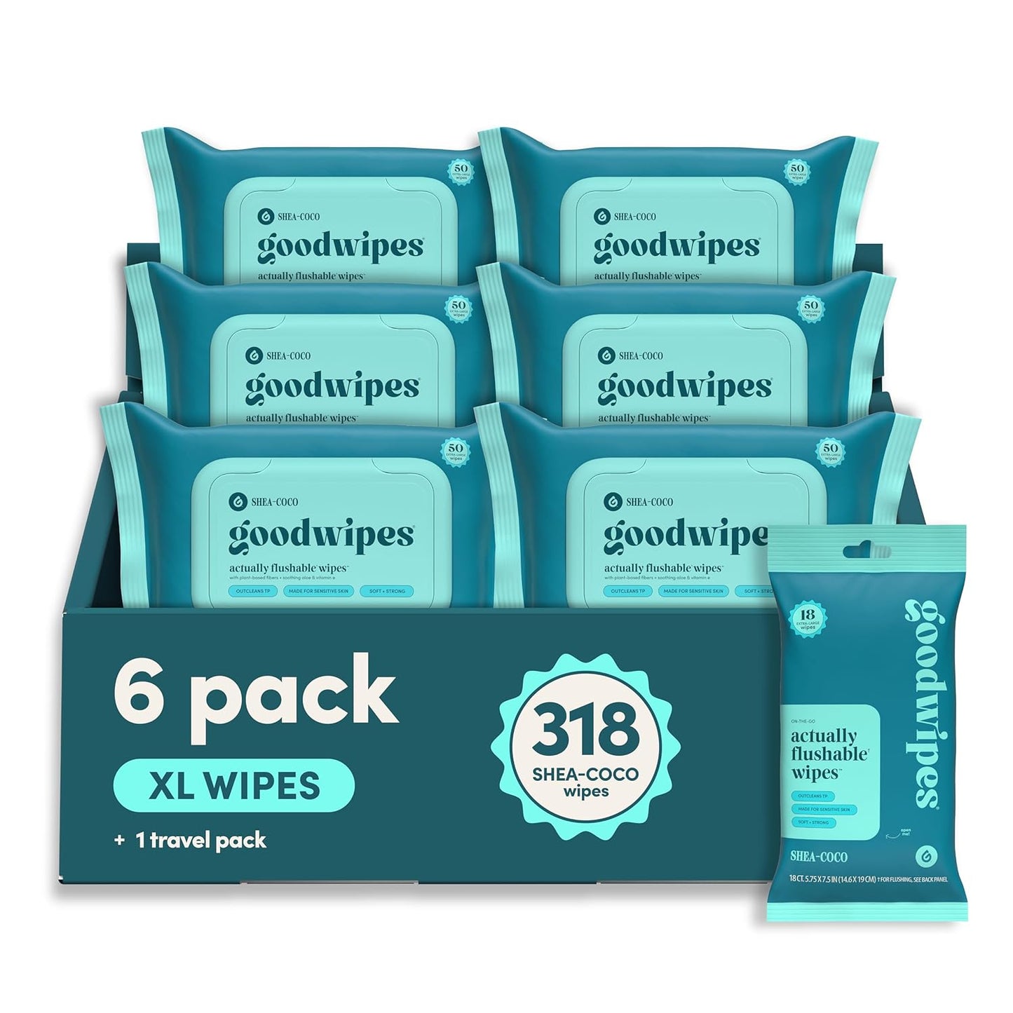 goodwipes Flushable Wipes for Adults - Shea-Coco Butt Wipes for Women & Men, Septic Safe, Toilet & Bathroom Essentials, Extra Large, 318 Count (6 Packs and 1 Travel Pack)