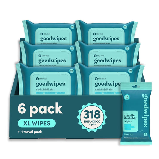 goodwipes Flushable Wipes for Adults - Shea-Coco Butt Wipes for Women & Men, Septic Safe, Toilet & Bathroom Essentials, Extra Large, 318 Count (6 Packs and 1 Travel Pack)