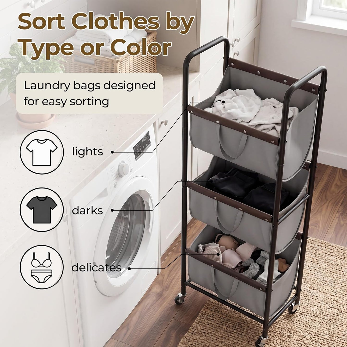 GRANNY SAYS 3 Section Tiered Laundry Sorter, Slim Vertical Laundry Hamper with Wheels, Narrow Rolling Laundry Cart with Removable Bags for Laundry Room, Bathroom, Closet, Dorm, Grey