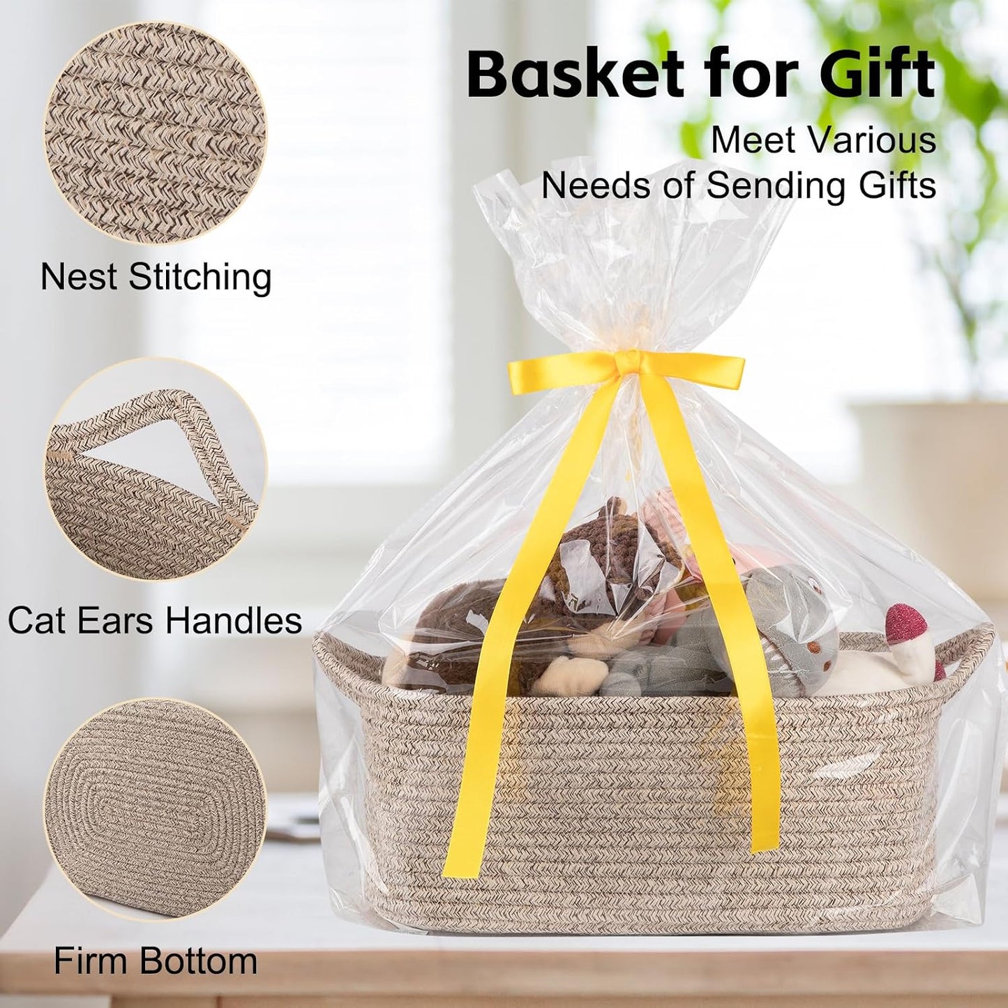 OIAHOMY Woven Basket, Gift Basket Empty with Gift Bags and Ribbons, Rope Baskets for Baby Showers, Storage Baskets with Handles for Nursery, Pet Toy Organizer - Brown