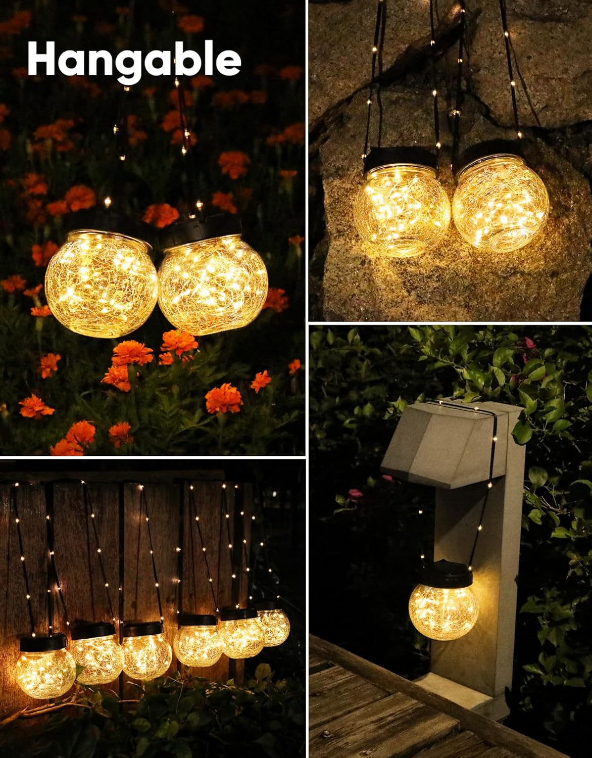 PARTPHONER Solar Lights Outdoor Waterproof 12-Pack, Solar Powered Hanging Lantern Cracked Glass Hanging Globes for Yard Decor Christmas Decoration, Shepherd Hook, Garden Tree Ornaments, Warm White