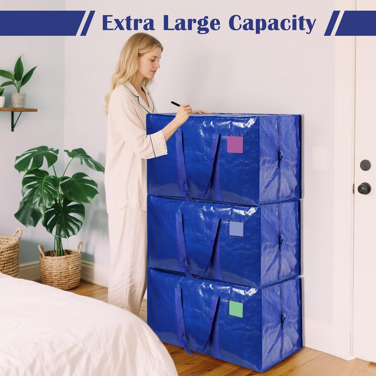 6 Pack Moving Bags with Full-Open Side Zipper, Extra Large 93L Heavy Duty Waterproof Foldable Storage Totes for College Dorm, Moving & Home Organization,Blue