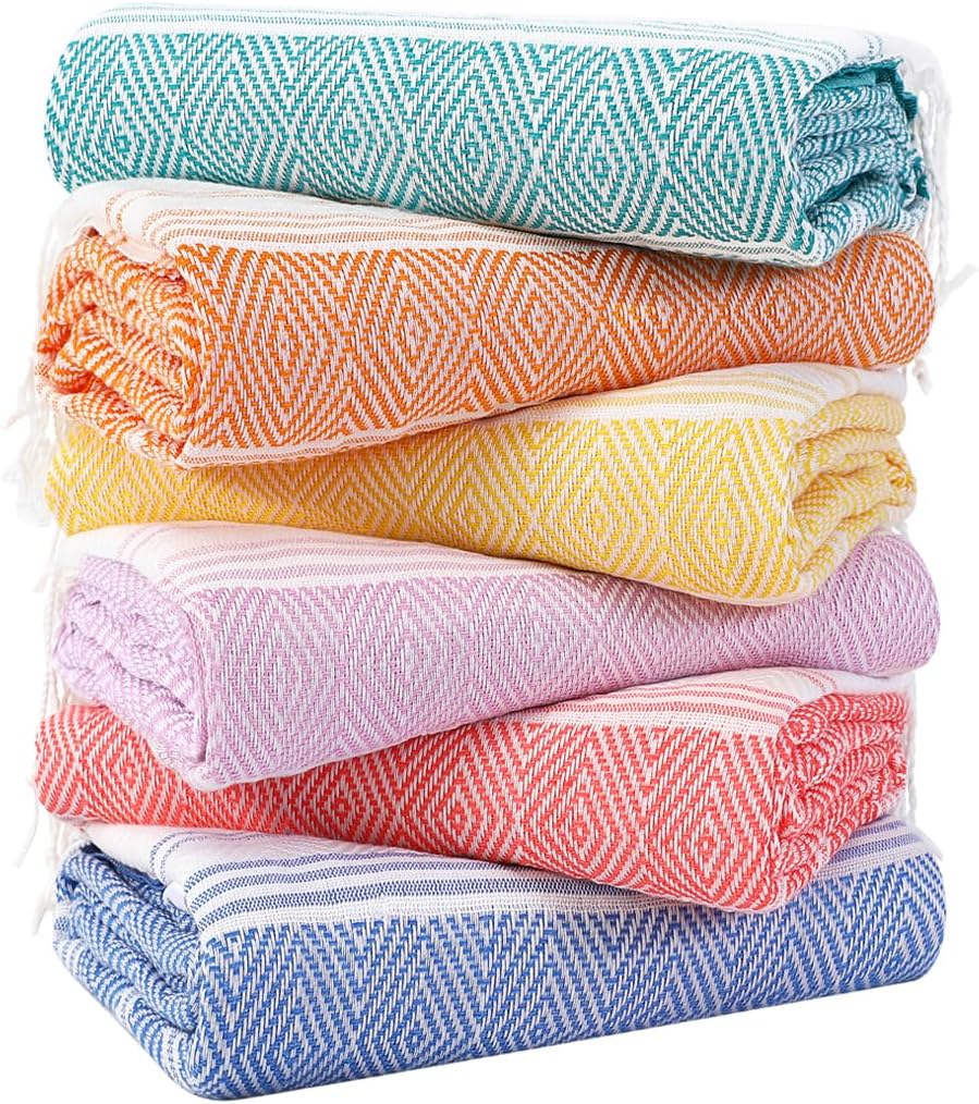Genovega 6 Packs Oversized Turkish Beach Towels Set Bulk 74"x38" Extra Large Quick Dry Sand Free Light Swim Bath Camping Pool Towel Travel Blanket Essentials Cruise Accessories Adult Vacation Stuff