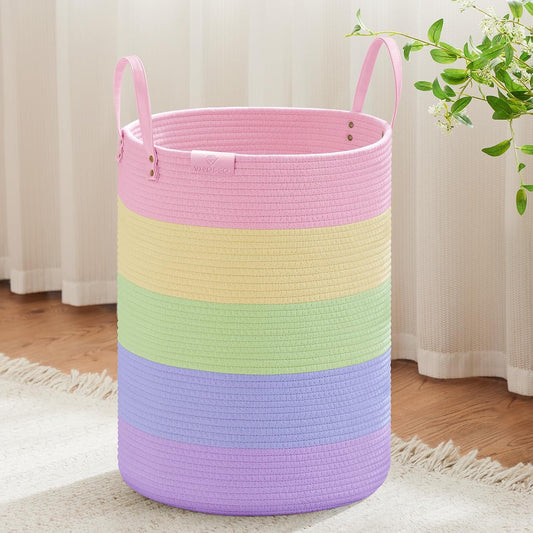 VIPOSCO 72L Tall Woven Rope Laundry Hamper, Leather Handles, Rainbow