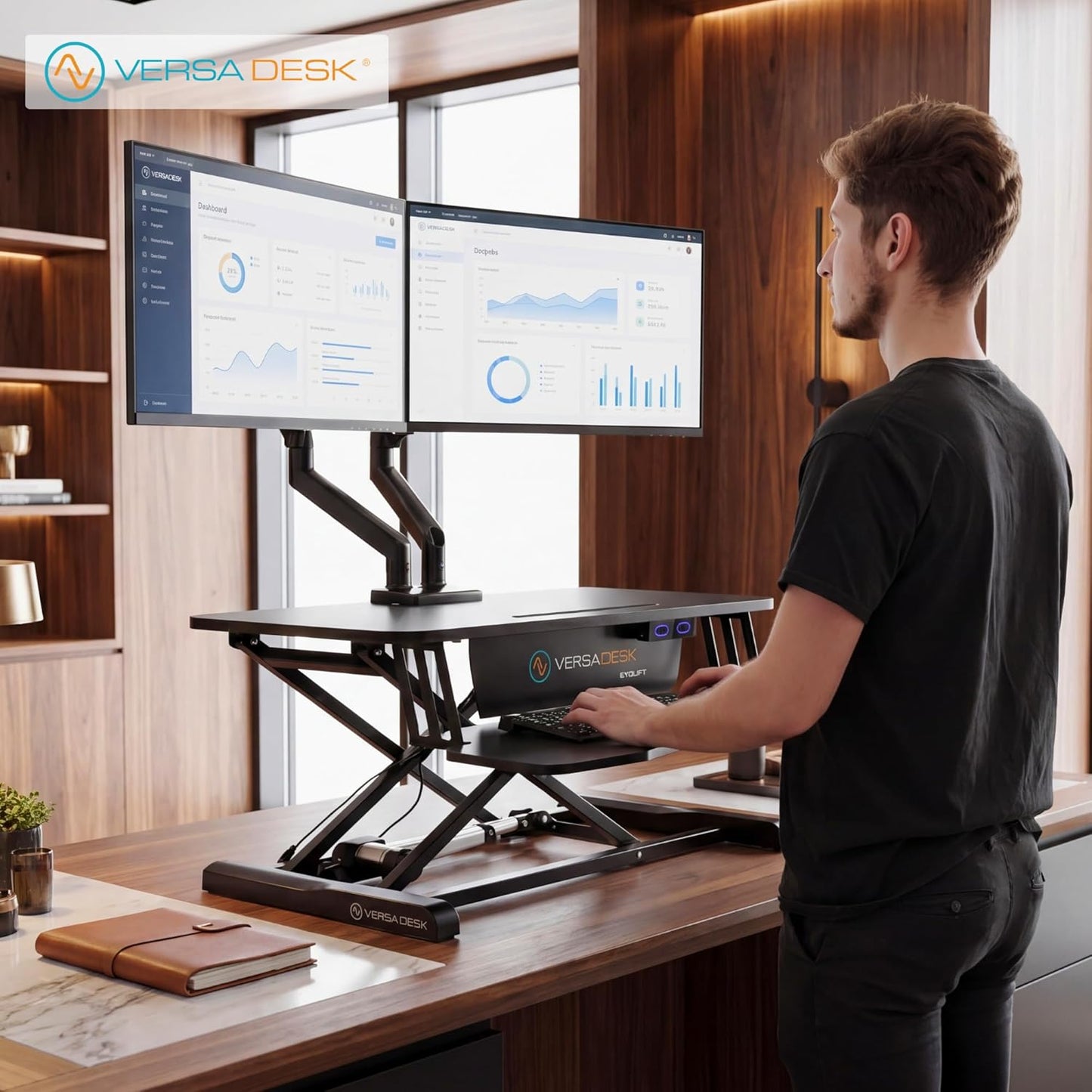 VERSADESK EvoLift 32" Electric Standing Desk Converter, Sit to Stand Motorized Desk Riser, 1-Button Easy Lift, Dual Monitor Workstation, Wide Keyboard Tray, Built-in Device Stand, Black