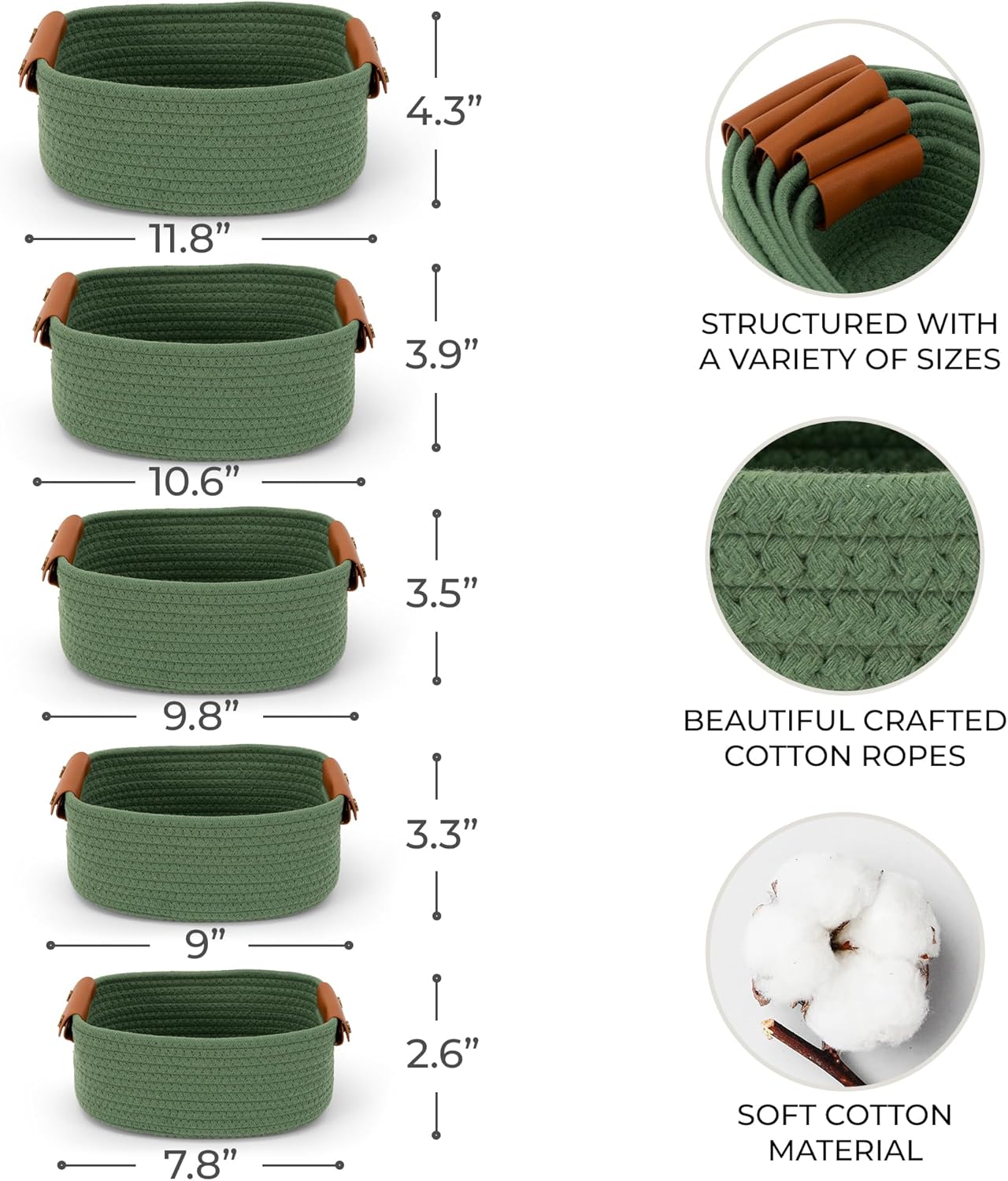 Beautiful Storage Basket Set of 5 - Sturdy Cotton Rope Baskets for Shelves Are Perfect for Organizing Your Home - Quality Storage Bins Easily Fit With Any Nursery or Bedroom Decor