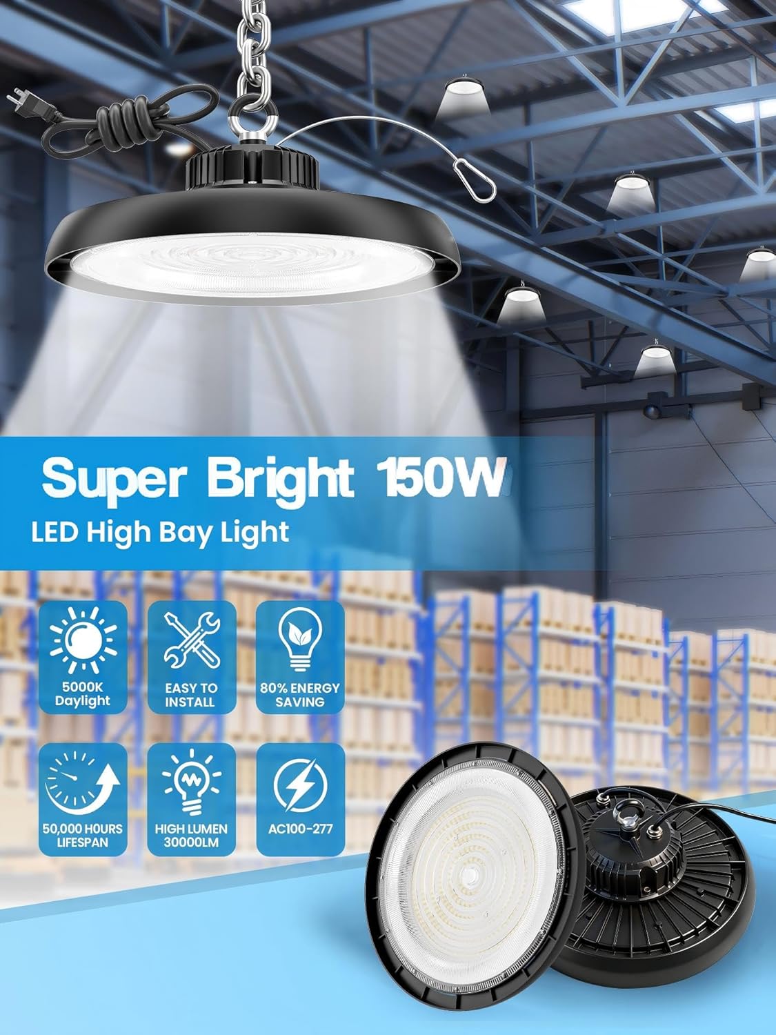 12Pack 150W Super Bright 22500LM UFO LED High Bay Light AC100-277V 5000K High Bay LED Shop Lights with Hook 5'Cable & US Plug for Warehouse Workshop Garage