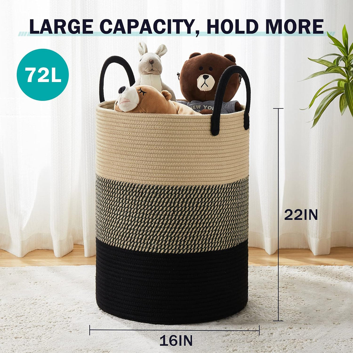 YOUDENOVA Woven Laundry Hamper Basket, 72L Tall Laundry Basket-Black&Brown