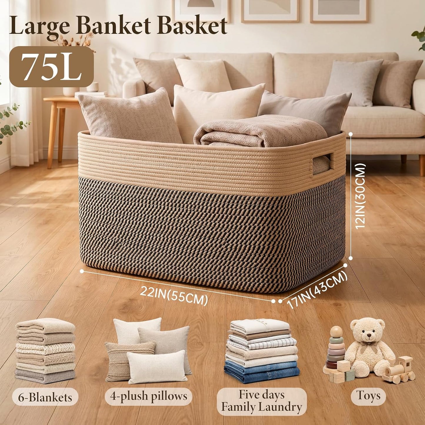 75L Large Cotton Rope Basket, Soft Toy Storage Bin for Nursery & Living Room, Decorative Blanket Basket for Bedroom, Baby-Safe Organizer for Pillows &Laundry, 22''×17''×12'', Brown & Black