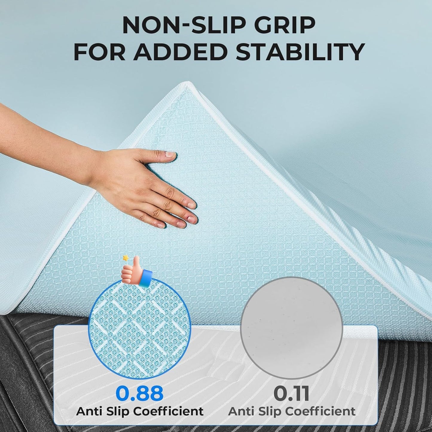 OhGeni 2 Inch Queen Memory Foam Mattress Topper Pad with Cover, Soft Bed Cover with Anti-Slip Base, Enhanced with Cooling Gel，Premium Comfort for Sleep & Back Pain Relief, Removable & Washable