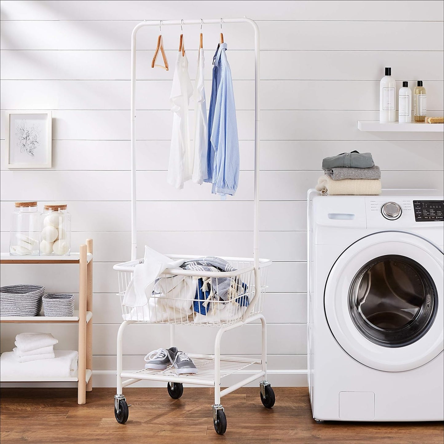 Amazon Basics Rectangular Laundry Hamper Basket Butler Cart with Wheels and Hanging Rack, Sturdy Metal, 71.1 inches Height, White